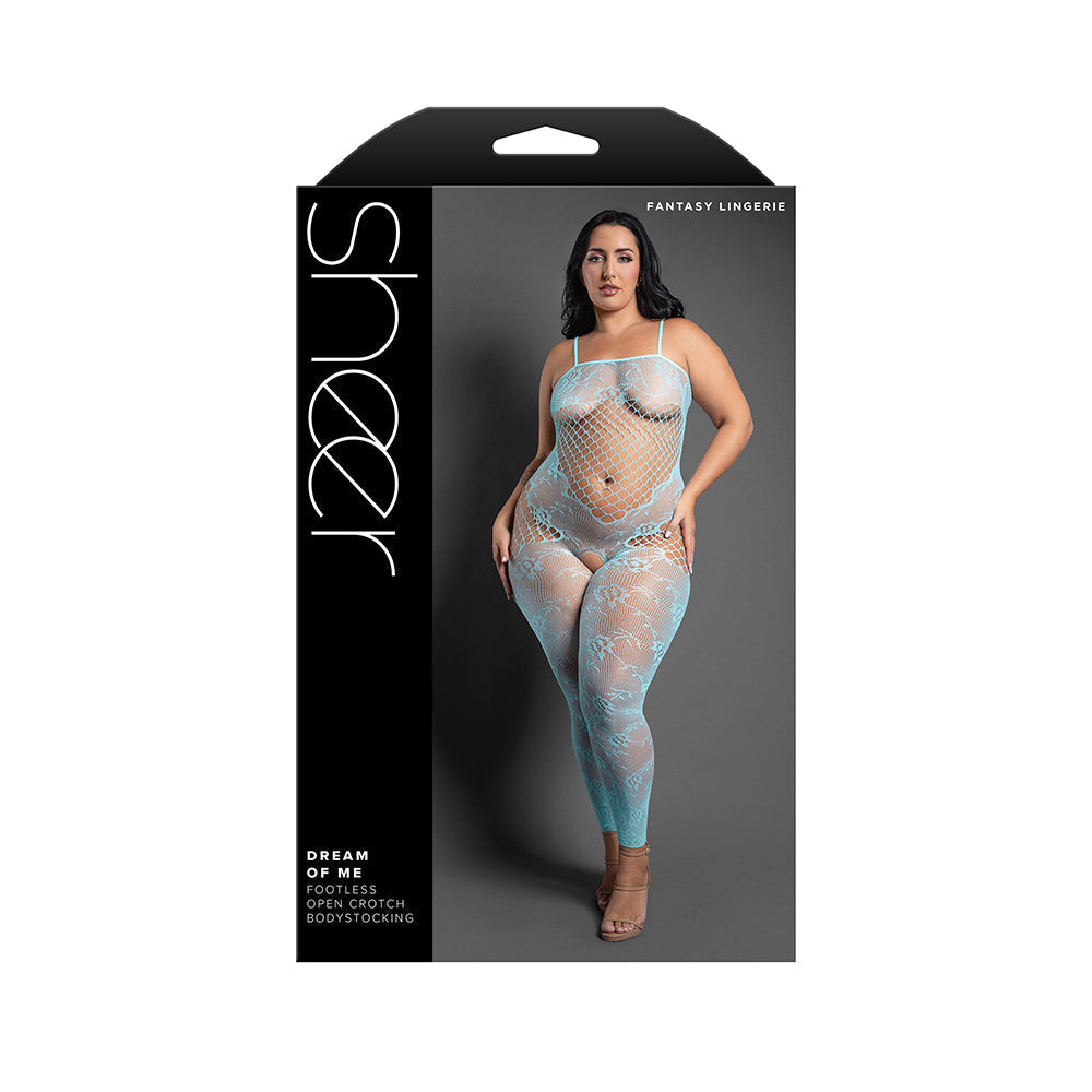 Sheer Open-Crotch Footless Bodystocking (Light Blue, Queen)
