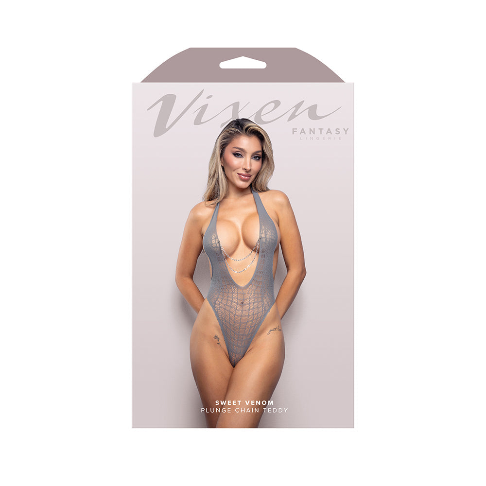 Vixen Sweet Venom Halter Plunge Teddy with Detachable Chains (Gray, O/S)