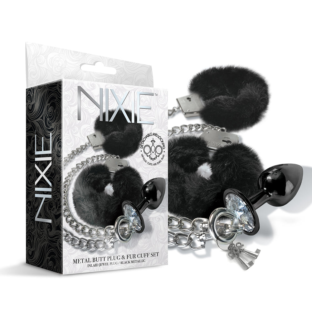 Metal Butt Plug and Furry Handcuff Set (Medium, Black)