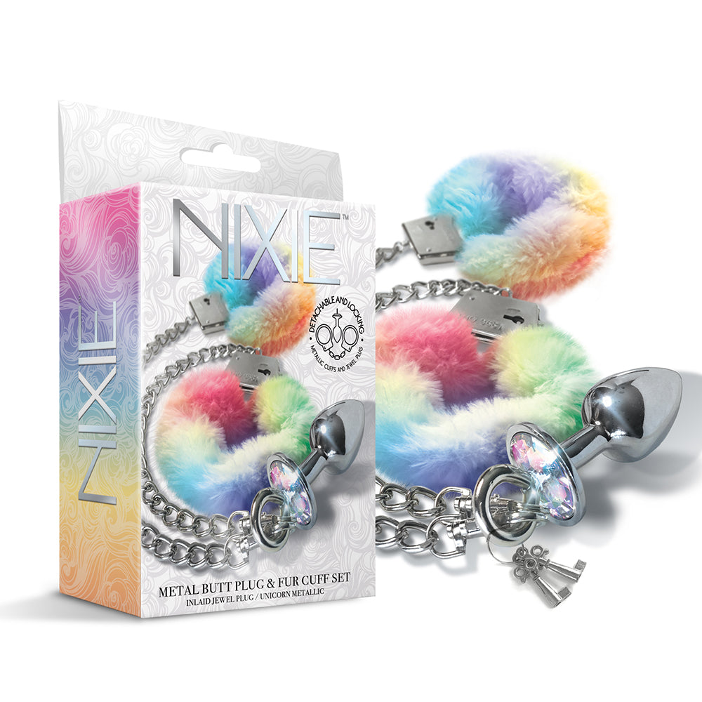 Metal Butt Plug and Furry Handcuff Set (Medium) Unicorn