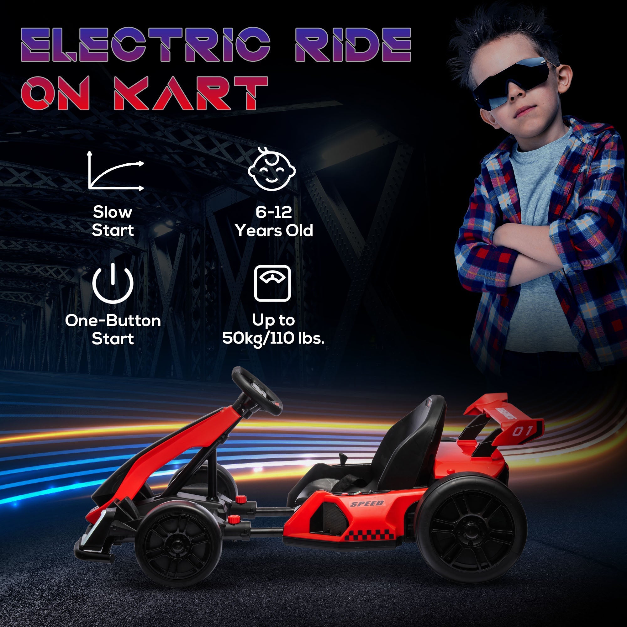 Adjustable Seat Electric Go Kart with Slow Start - 24V, 7.5 MPH