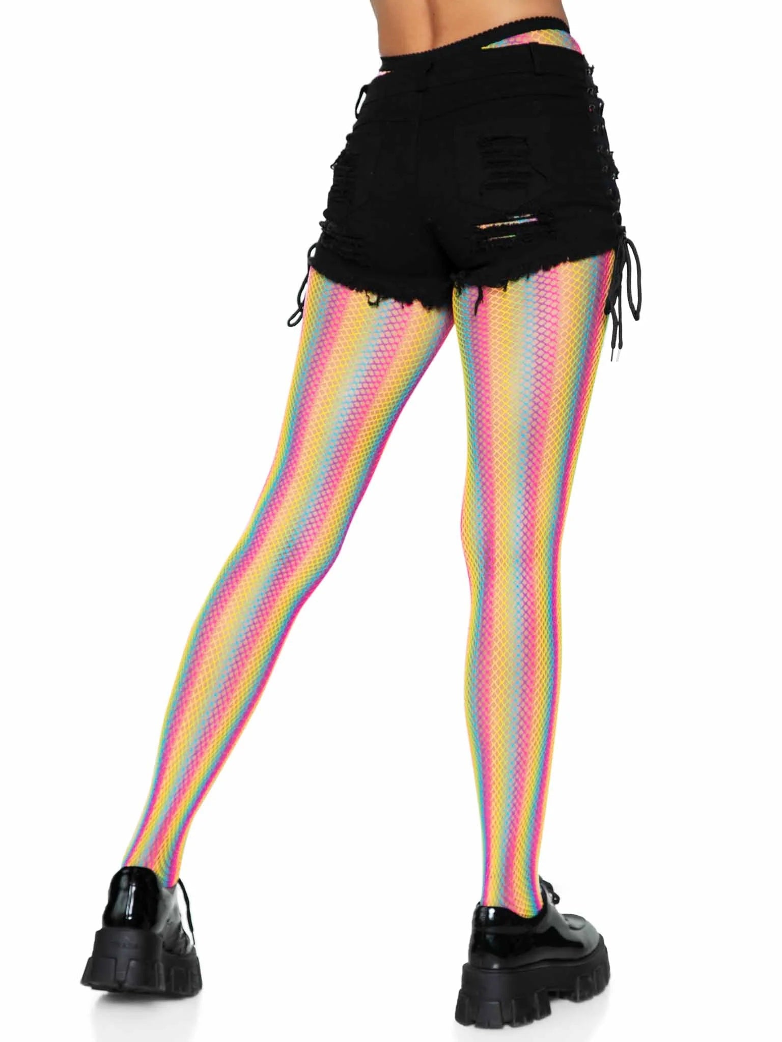 Neon Rainbow Striped Fishnet Tights - Multicolor (One Size)