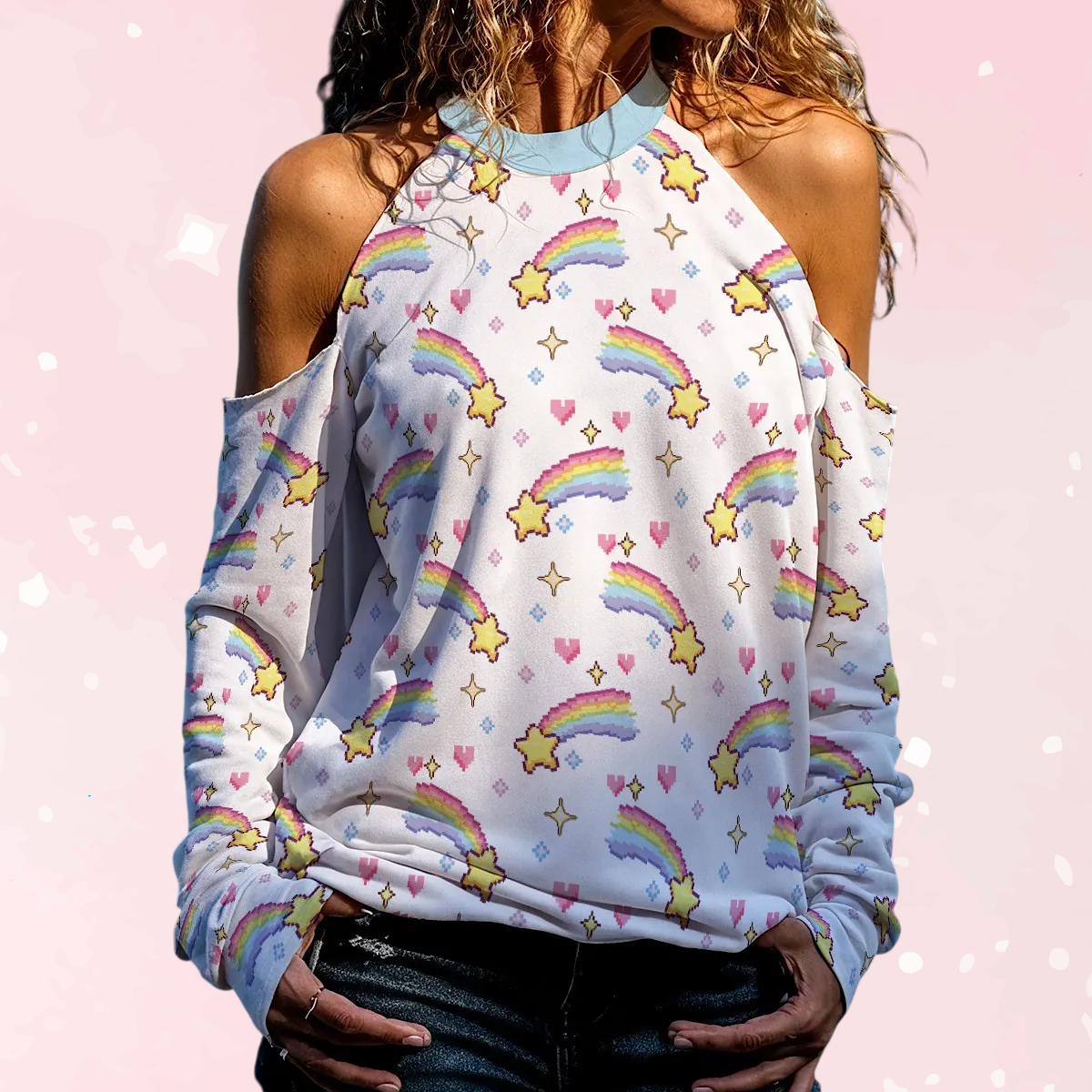 Pixel Rainbow Star Peekaboo Sweater