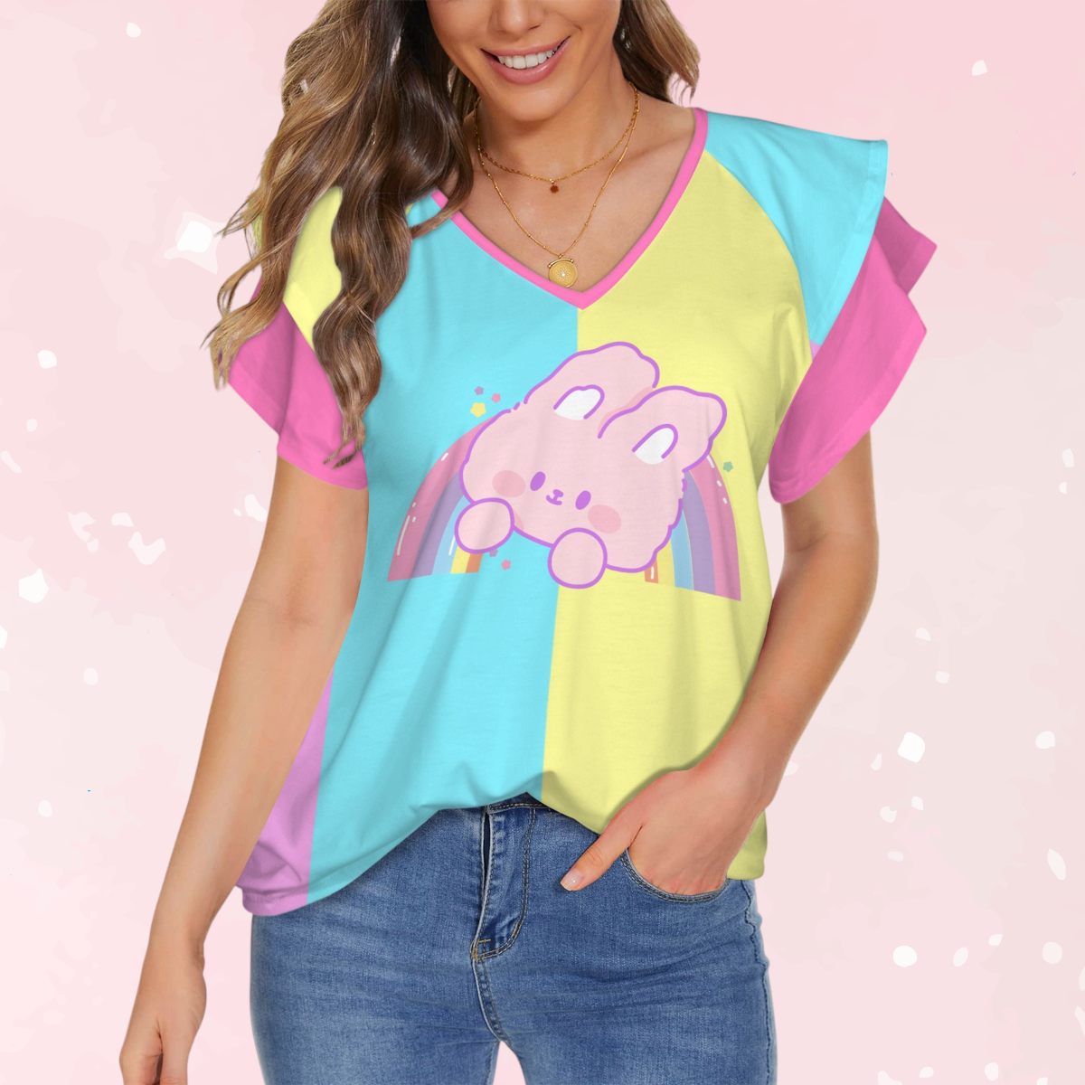 Kawaii Bunny Rainbow Ruffle V-Neck Play Tee