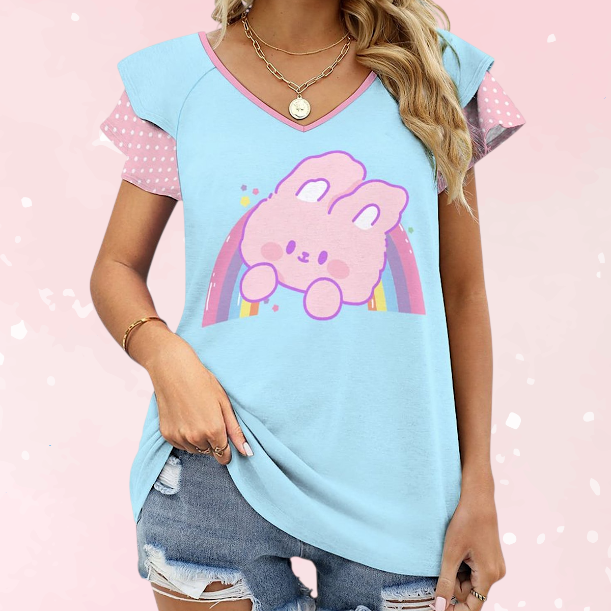 Kawaii Bunny Rainbow Ruffle Play Tee