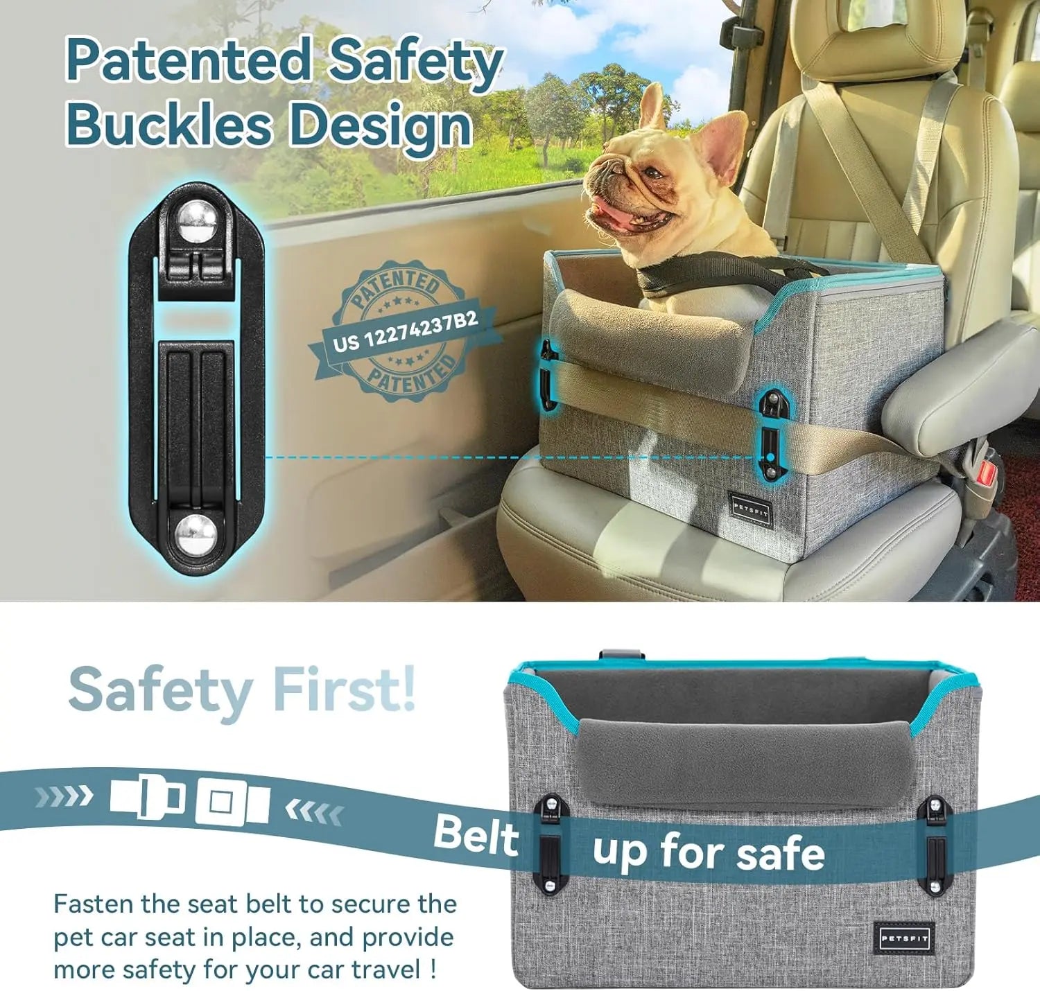 PETSFIT Small Dog Booster Car Seat with Safety Buckles & Tether, Foldable