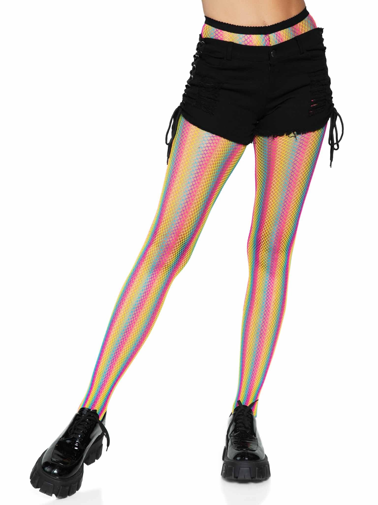 Neon Rainbow Striped Fishnet Tights - Multicolor (One Size)