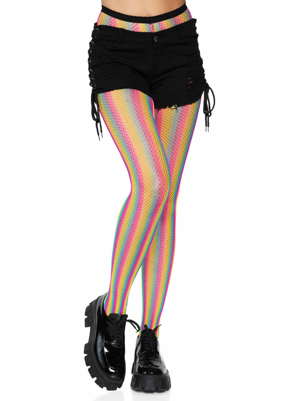 Neon Rainbow Striped Fishnet Tights - Multicolor (One Size)