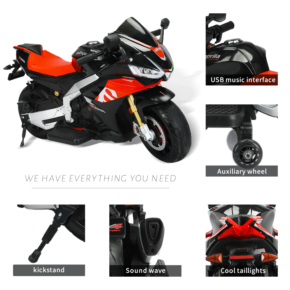 Aprilia 12V Electric Motorcycle for Kids - 2 Wheels, Ages 3-10