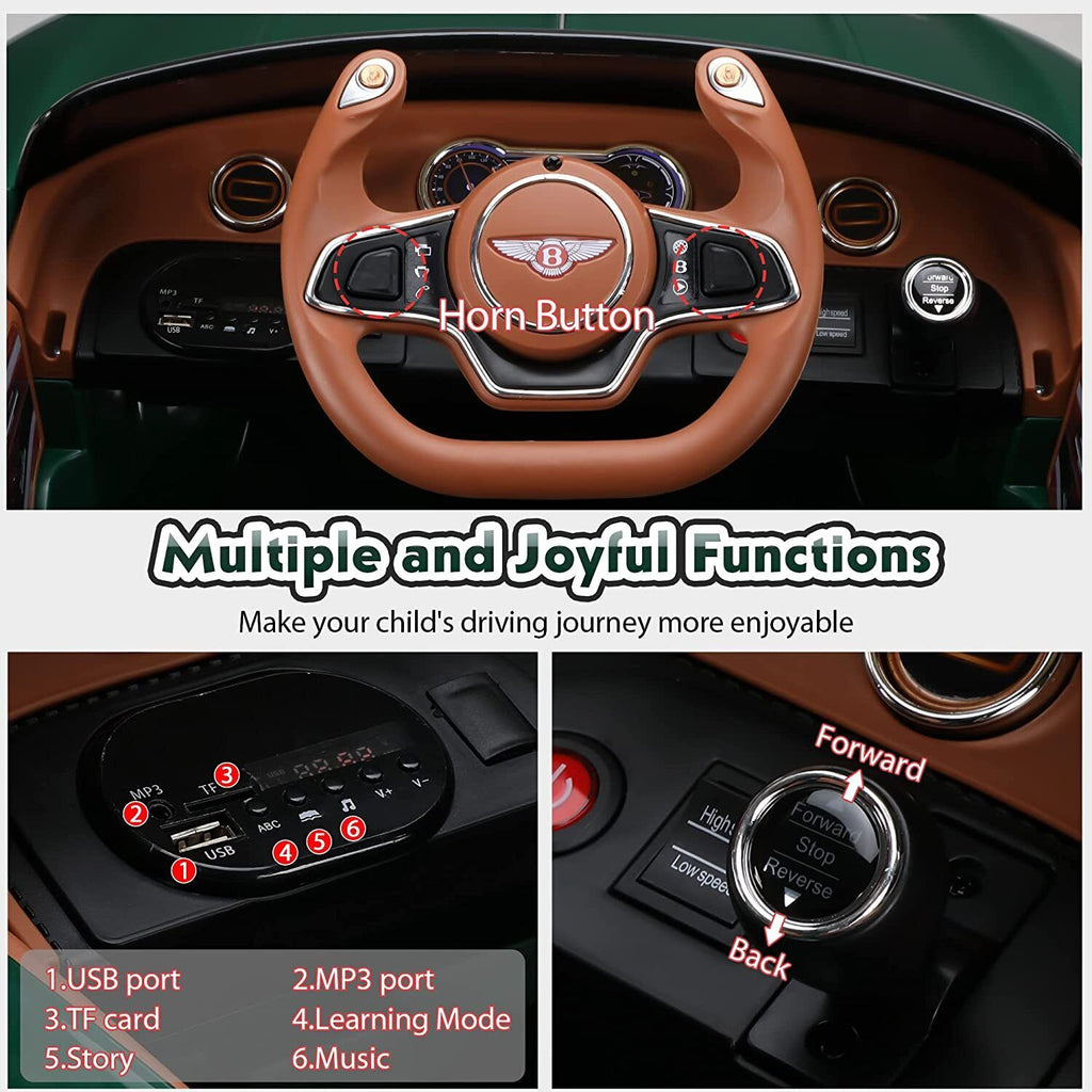 Bentley Style 12V Electric Ride-On Toy Car with Remote Control and LED Lights - Green