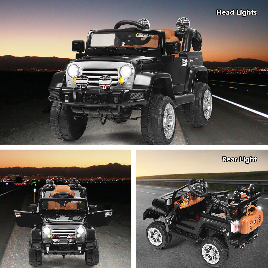 Black 12V Kids Ride On Truck with RC Remote, LED Lights, and Music