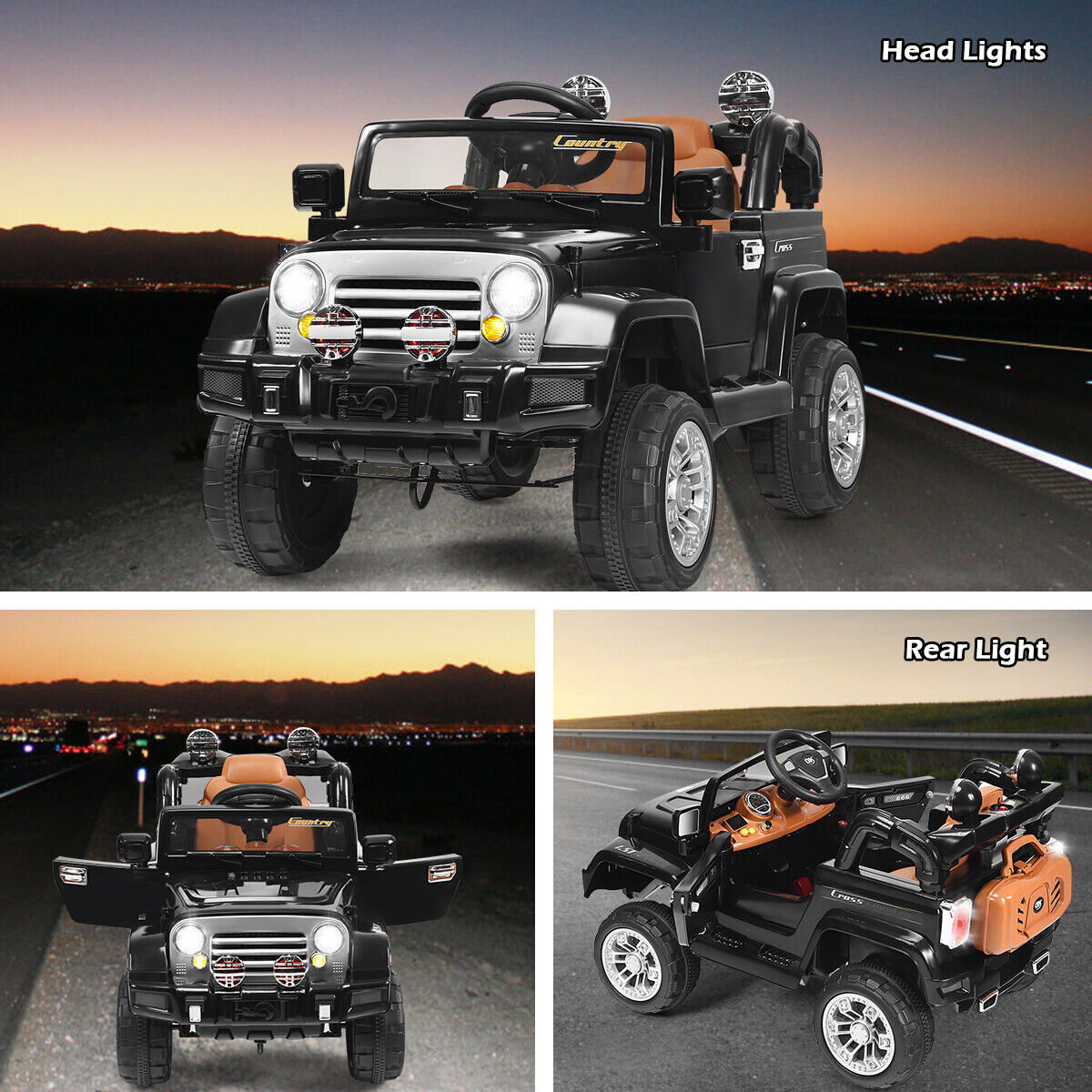 Black 12V Kids Ride On Truck with RC Remote, LED Lights, and Music