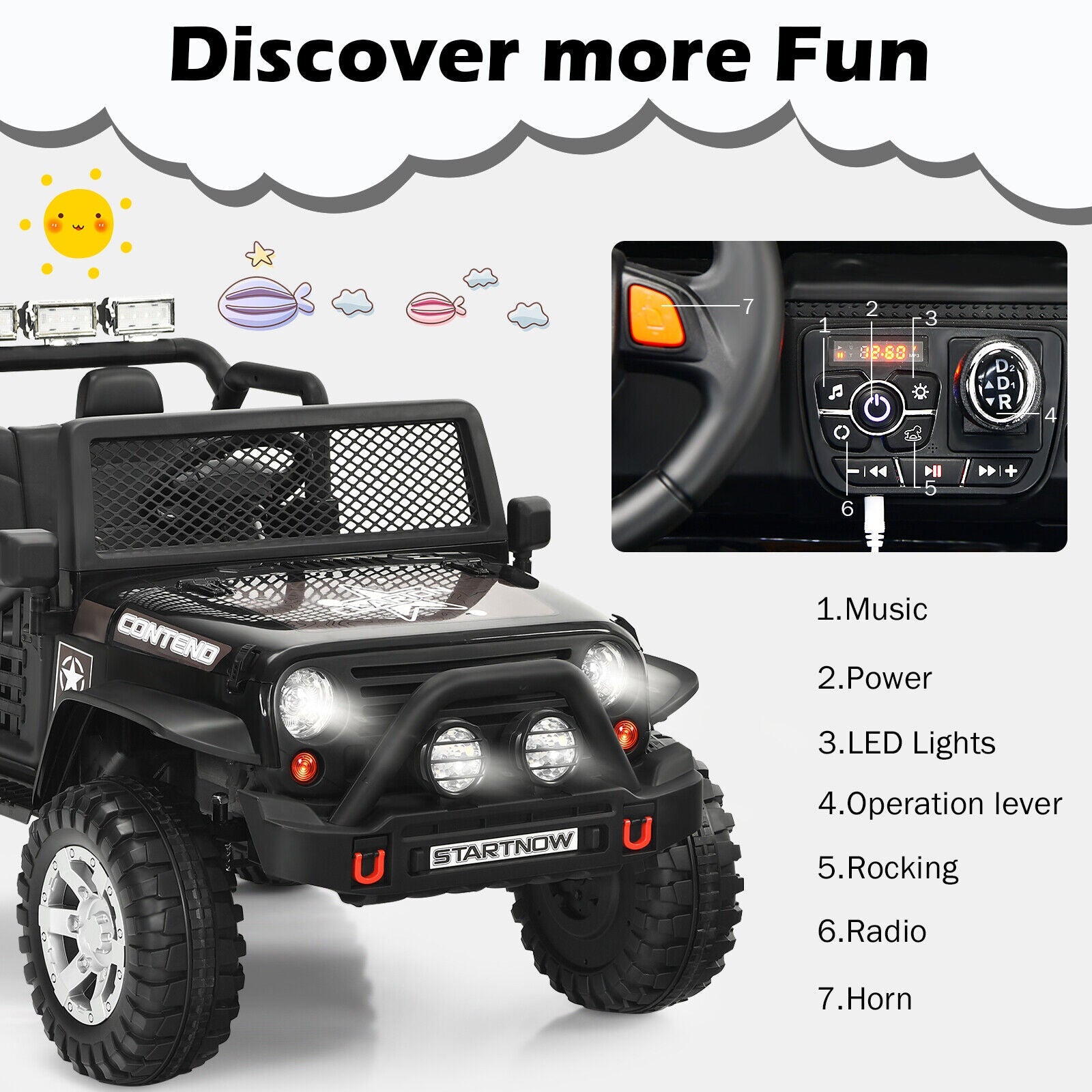 Black 12V Kids Ride On Truck with Remote Control & Lights - Electric Car for Endless Fun!