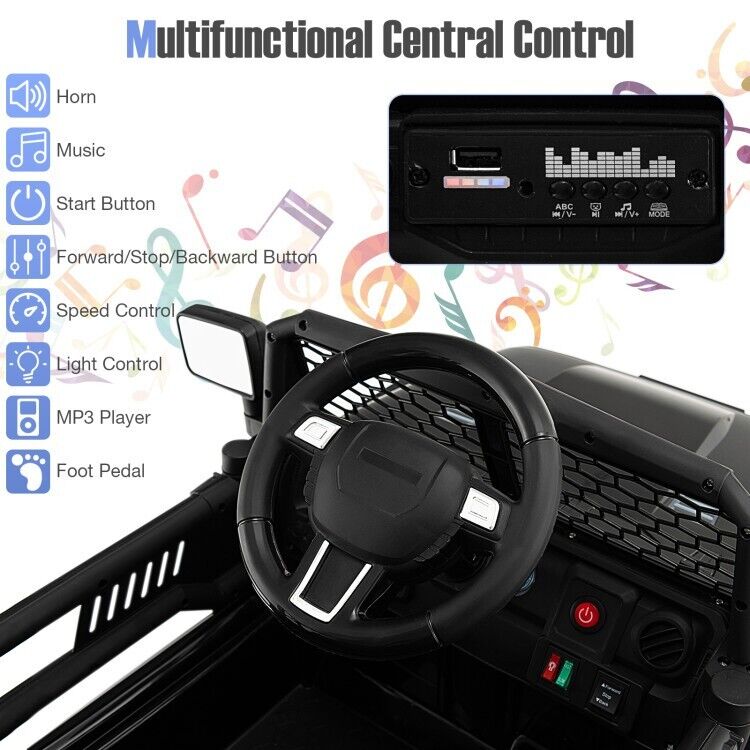 Black 12V Kids Ride On Truck with Remote Control, Music, and Lights