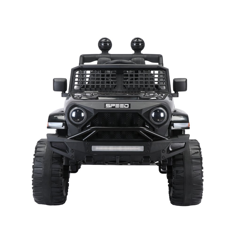 Black 12V Ride-On Truck for Kids with Remote Control, LED Lights, and Safety Belt