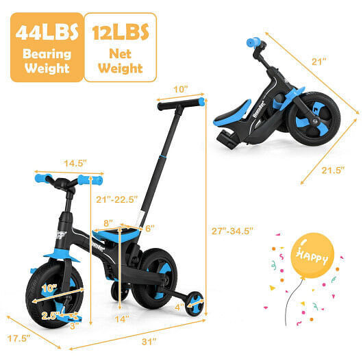Blue 5-in-1 Kids Bike with Detachable Push Handle for Versatile Fun