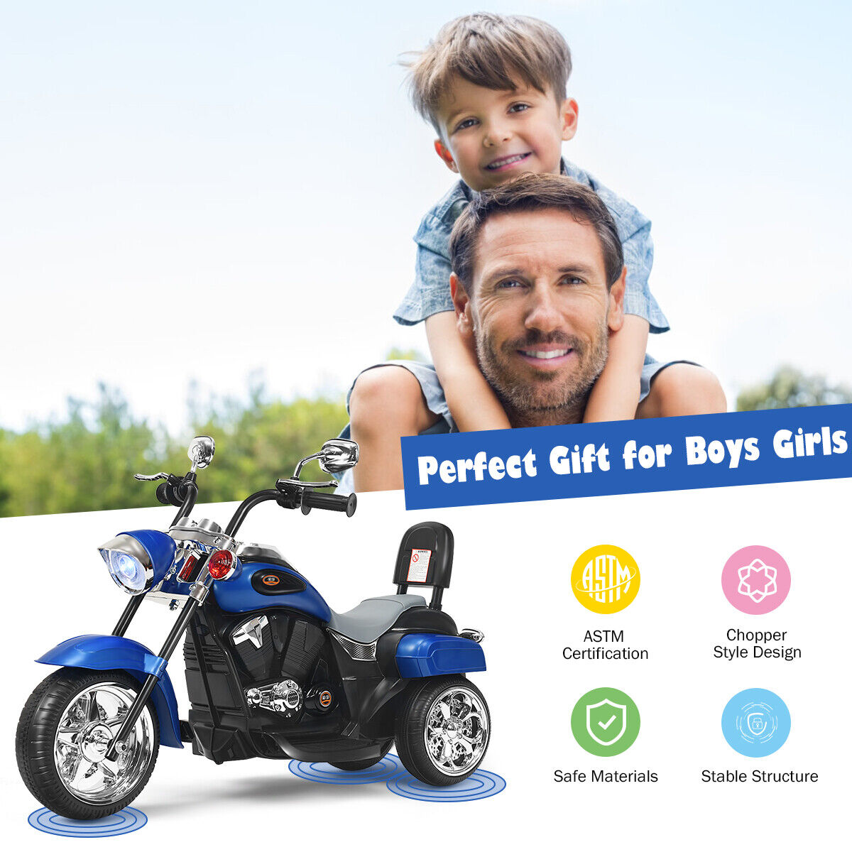 Blue 6V Kids Chopper Motorcycle Trike with Headlight and Horn