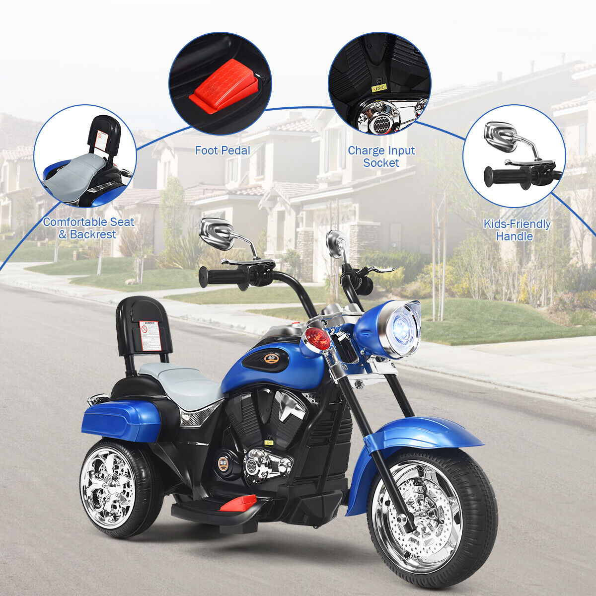 Blue 6V Kids Chopper Motorcycle Trike with Headlight and Horn