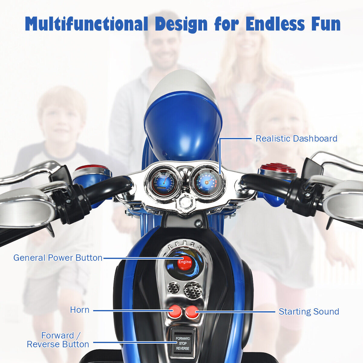 Blue 6V Kids Chopper Motorcycle Trike with Headlight and Horn