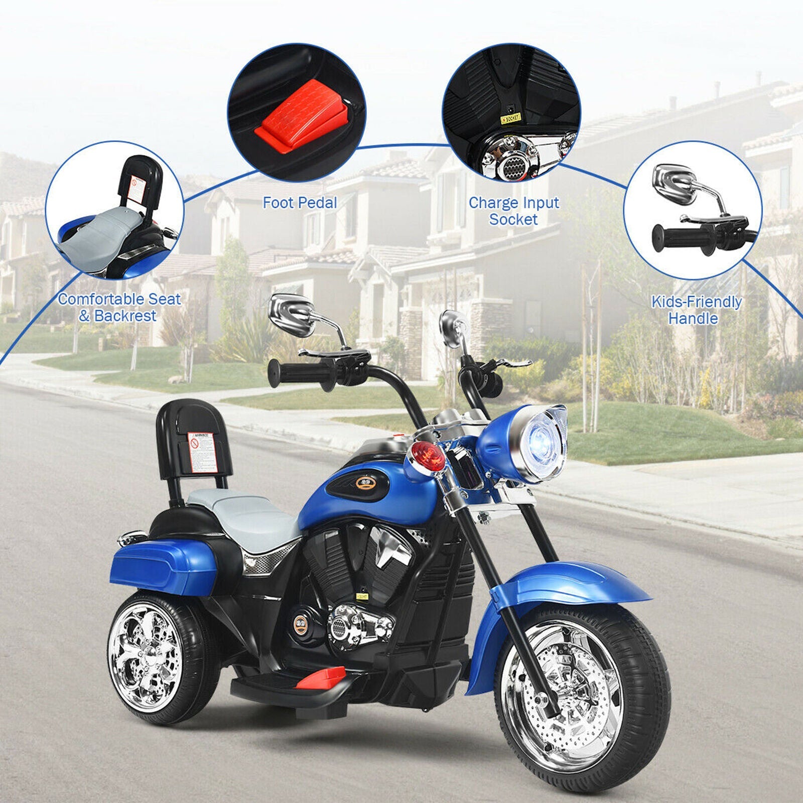 Blue 6V Kids Chopper Motorcycle Trike with Headlight - Fun Ride for Little Ones!
