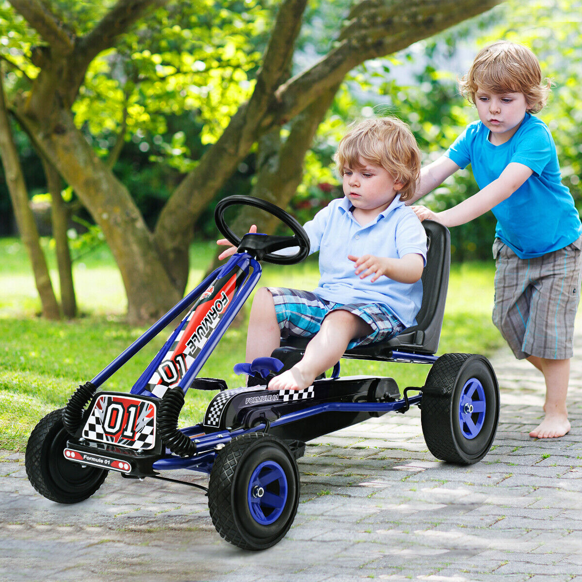 Blue Adjustable Seat Pedal Go Kart for Kids - 4 Wheel Ride On Toy