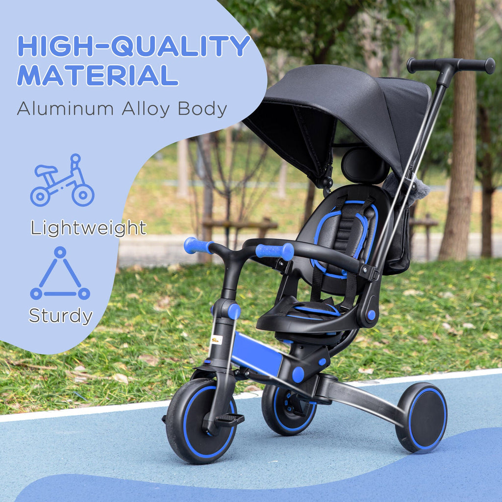 Blue Qaba Toddler Tricycle with Adjustable Push Handle and Durable Aluminum Frame
