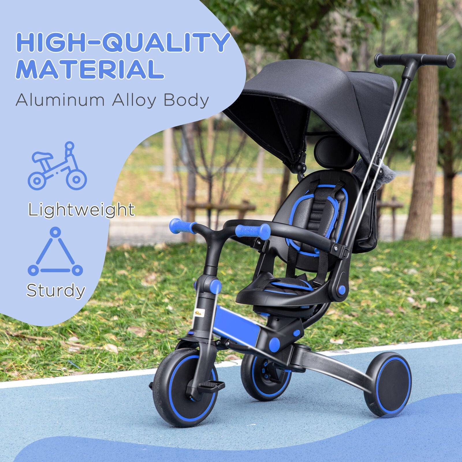 Blue Qaba Toddler Tricycle with Adjustable Push Handle and Durable Aluminum Frame