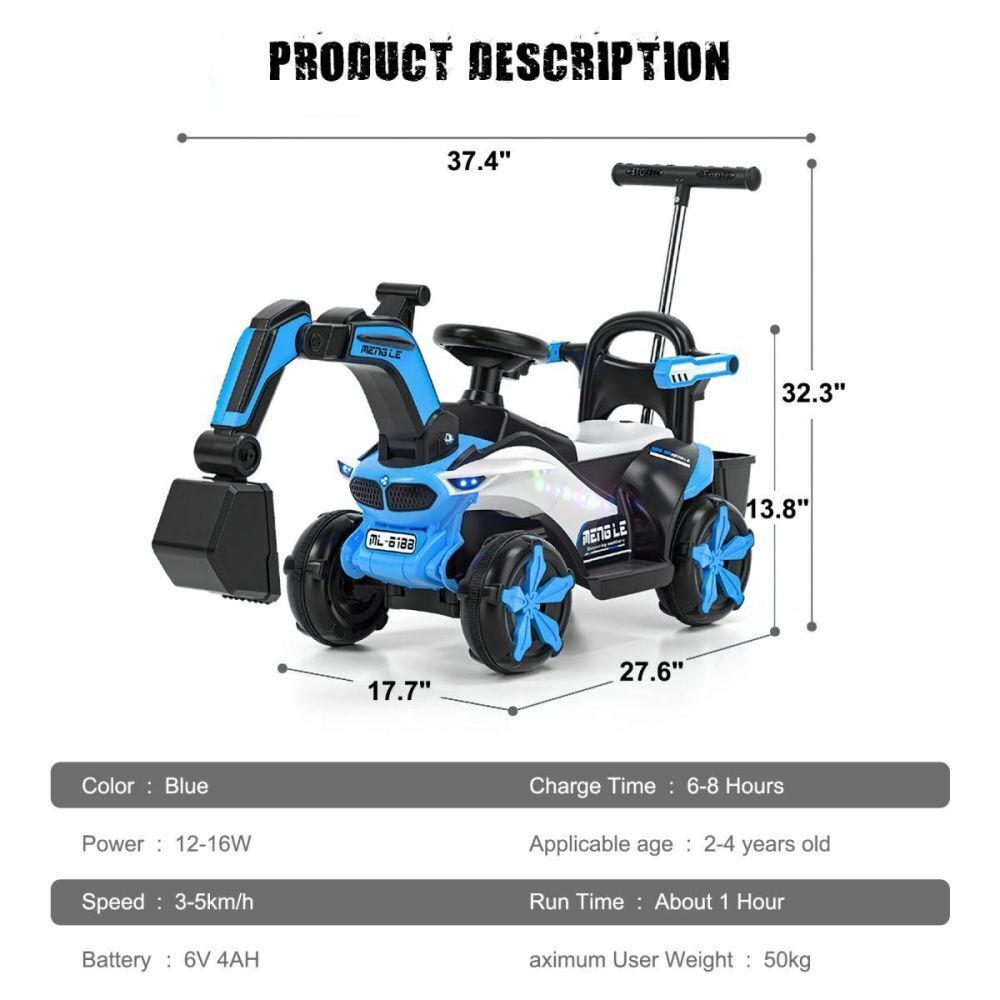 Bluetooth-Enabled Electric Excavator Toy Car for Kids with Helmet and Rear Bucket Attachment
