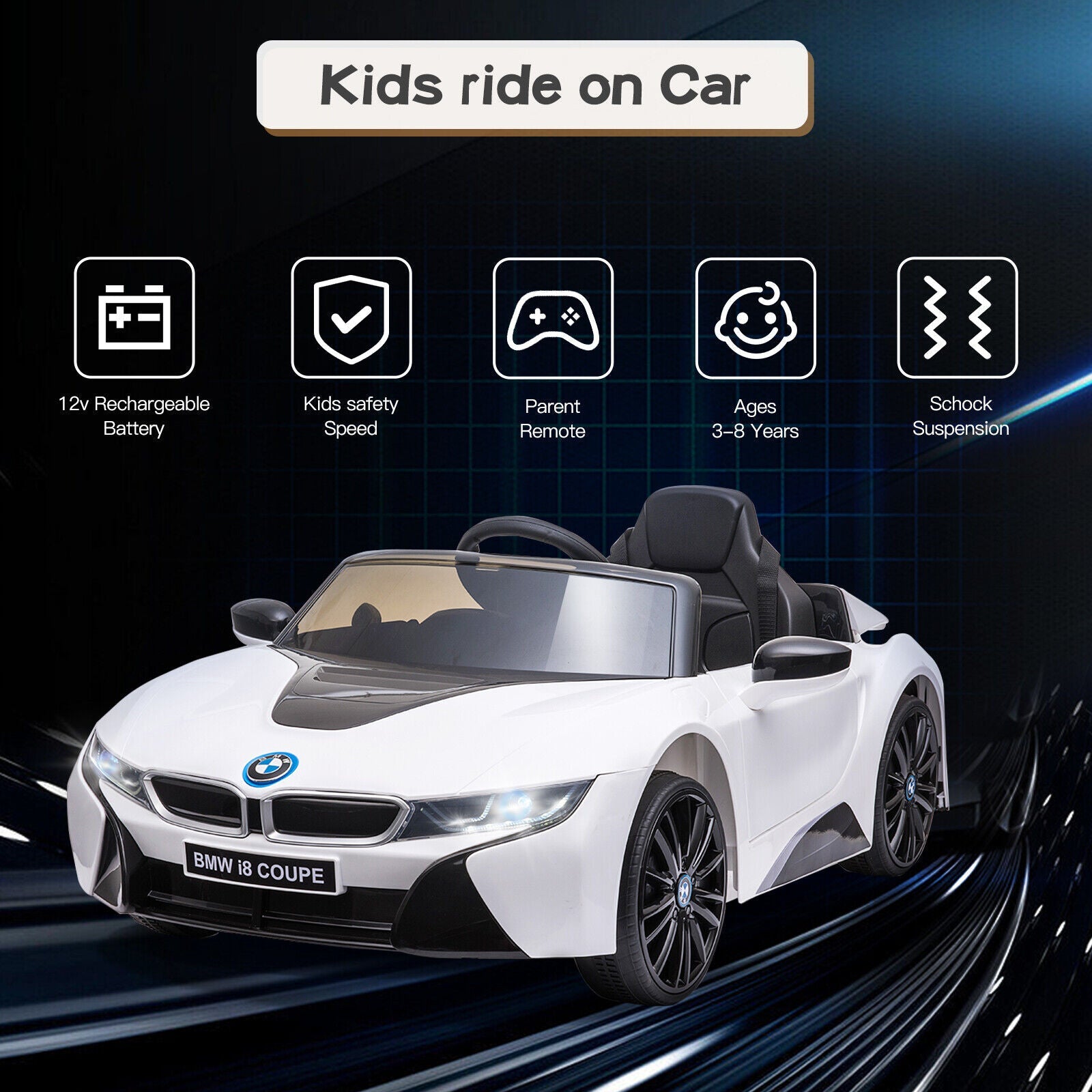 BMW I8 Coupe 12V Electric Ride-On Car for Kids with Remote Control, MP3 Player, and LED Lights