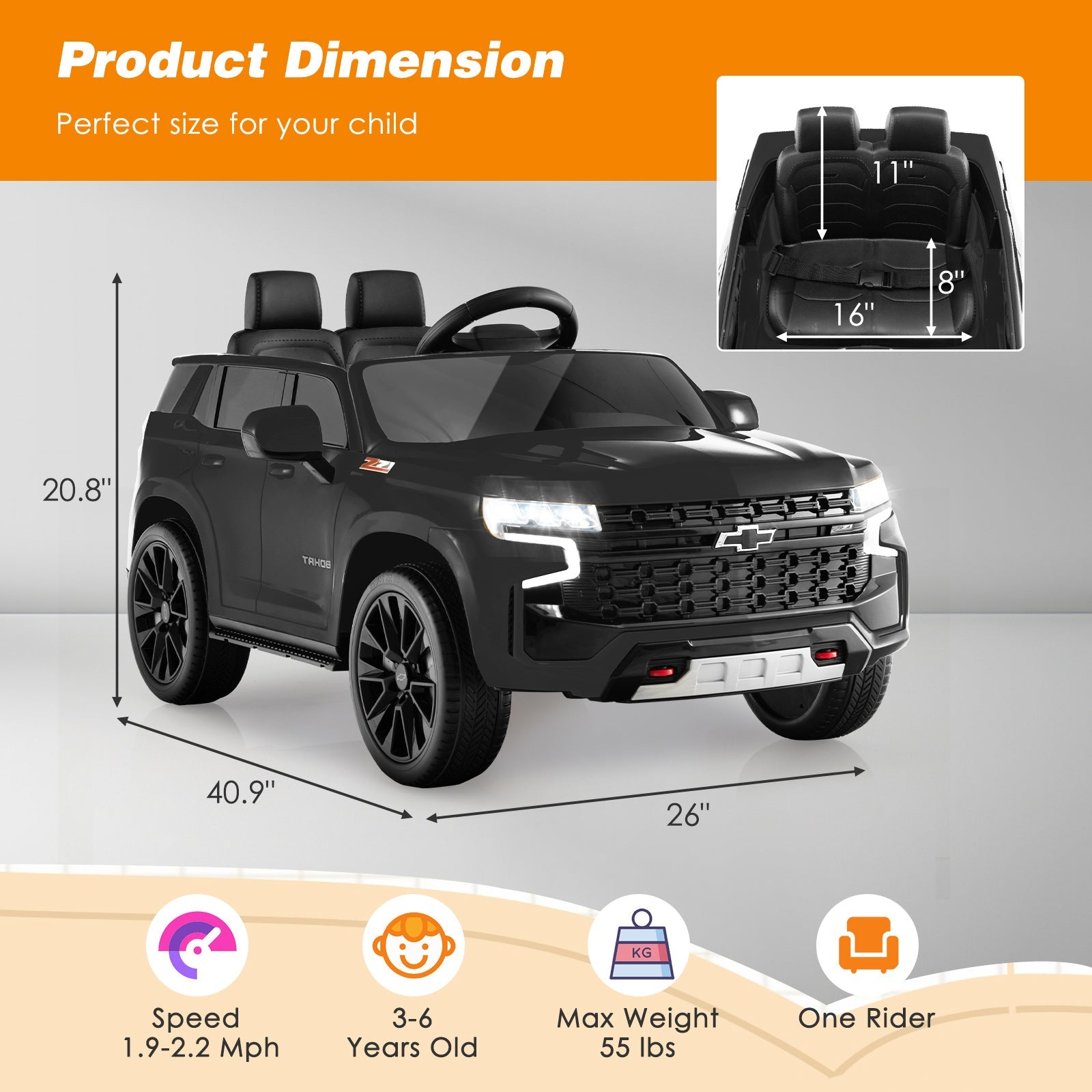 Chevrolet Tahoe 12V Electric Ride-On Truck for Kids with Remote Control, Lights, and Music