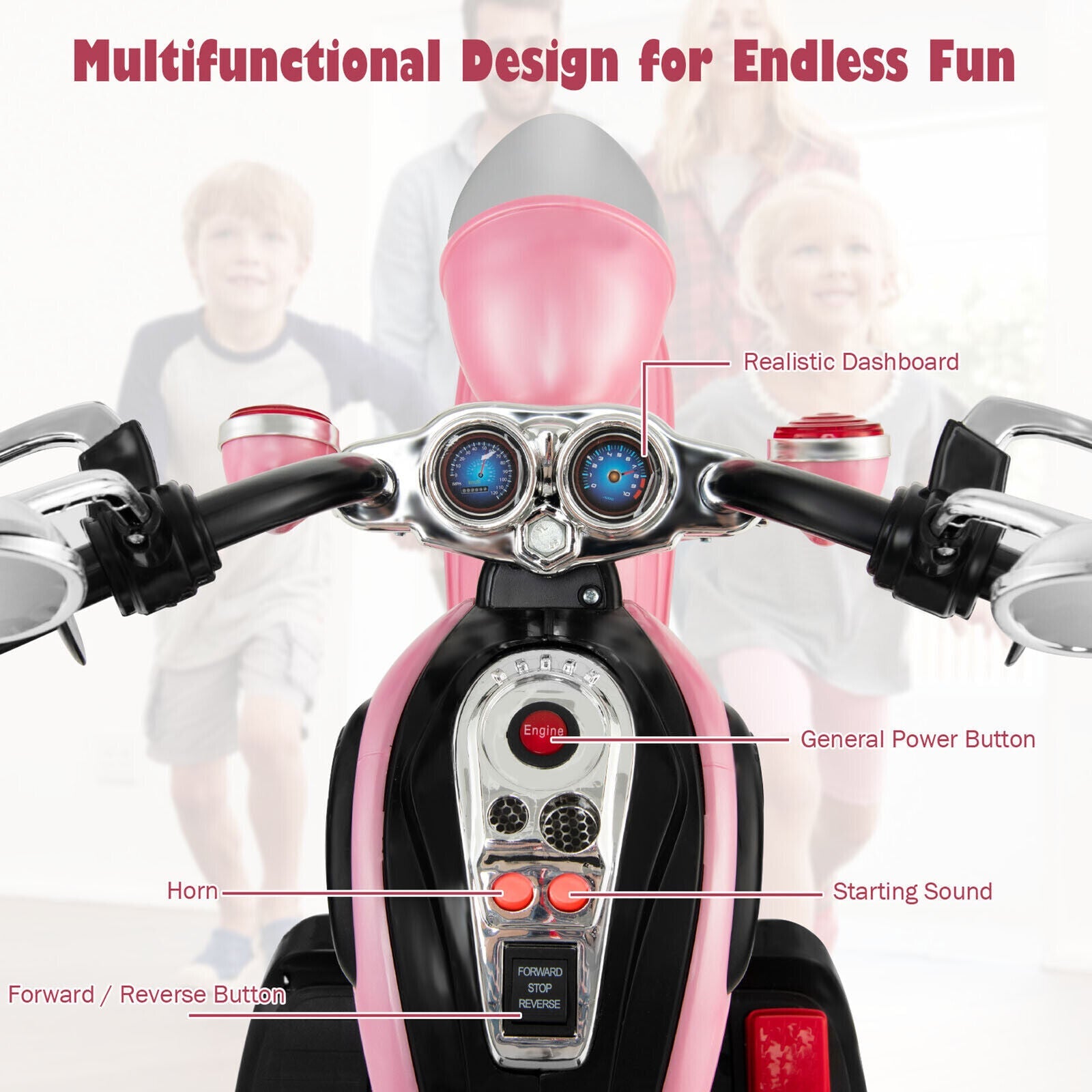 Chic Pink 3-Wheel Chopper Motorcycle for Kids with Headlight