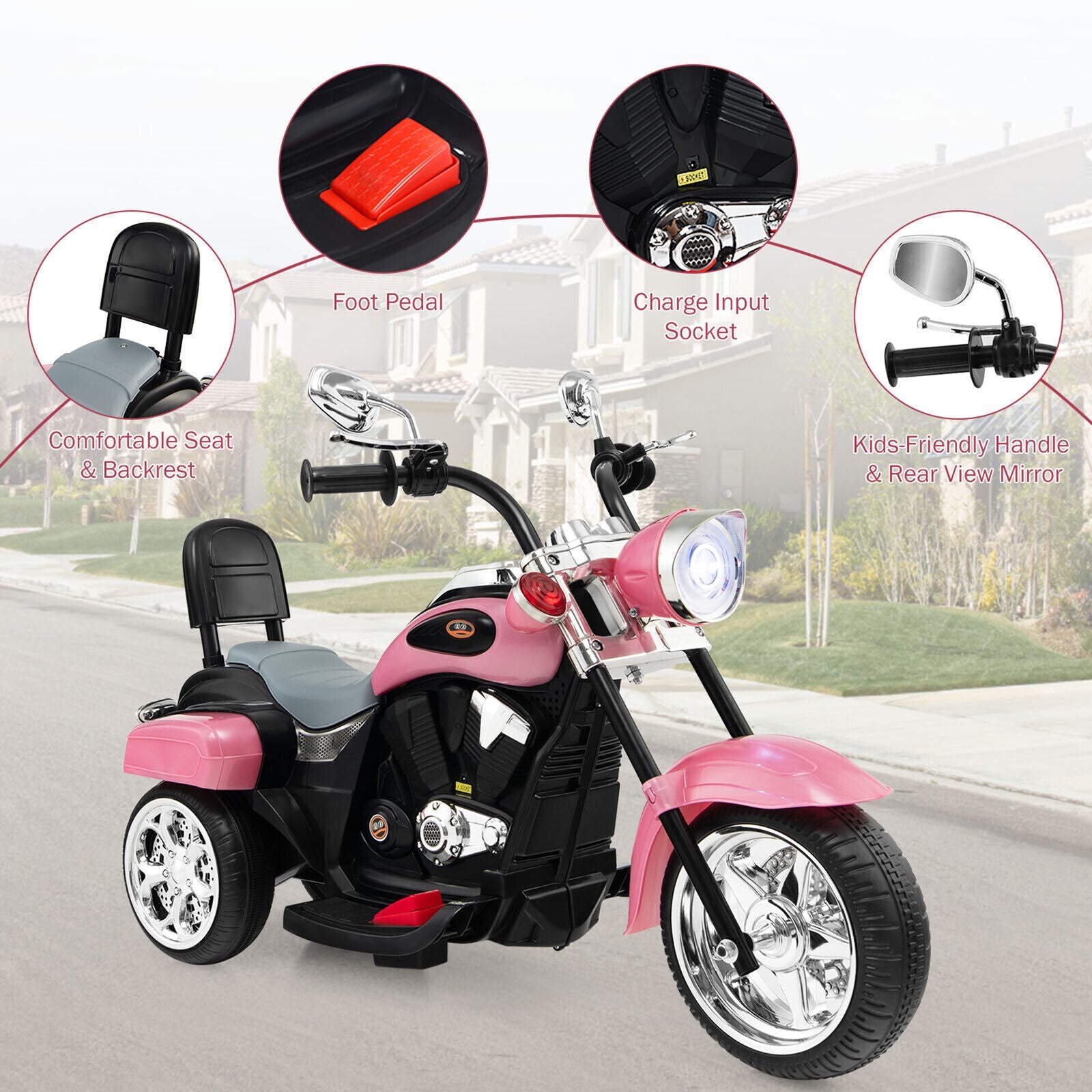 Chic Pink 3-Wheel Chopper Motorcycle for Kids with Headlight