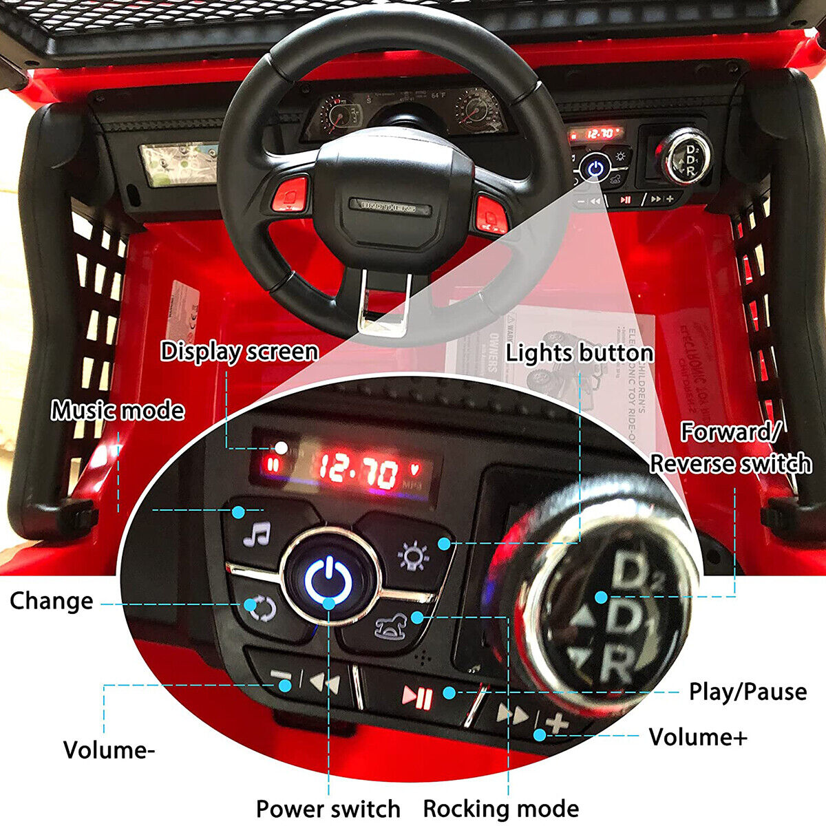 CLARFEY 12V Battery Powered RC Off-Road Jeep for Kids with LED Lights