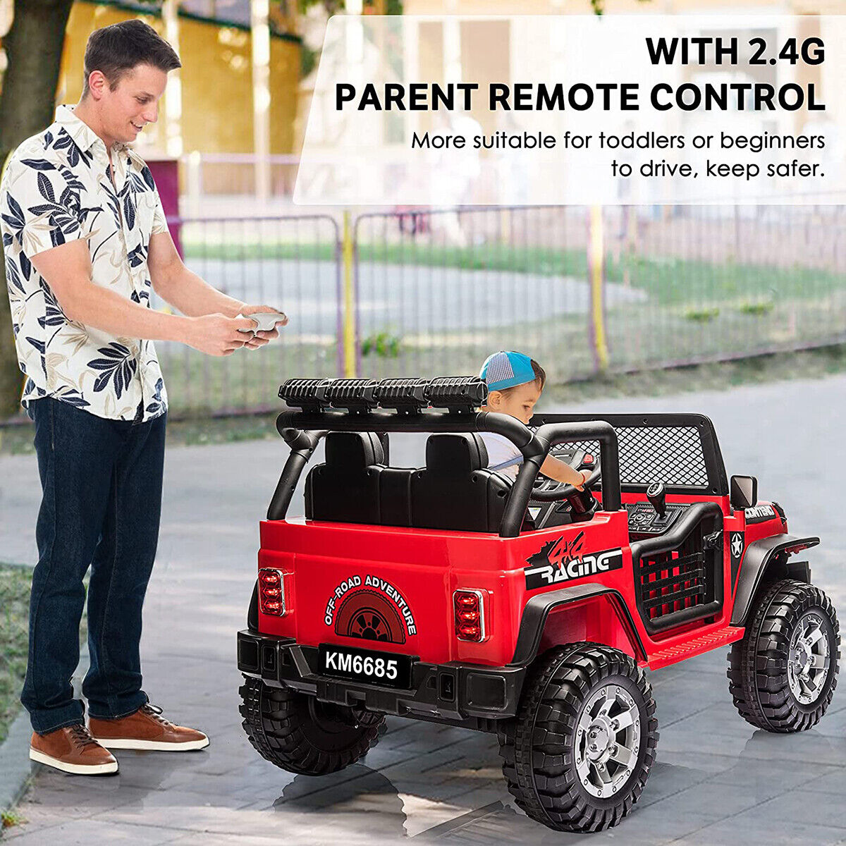 CLARFEY 12V Battery Powered RC Off-Road Jeep for Kids with LED Lights