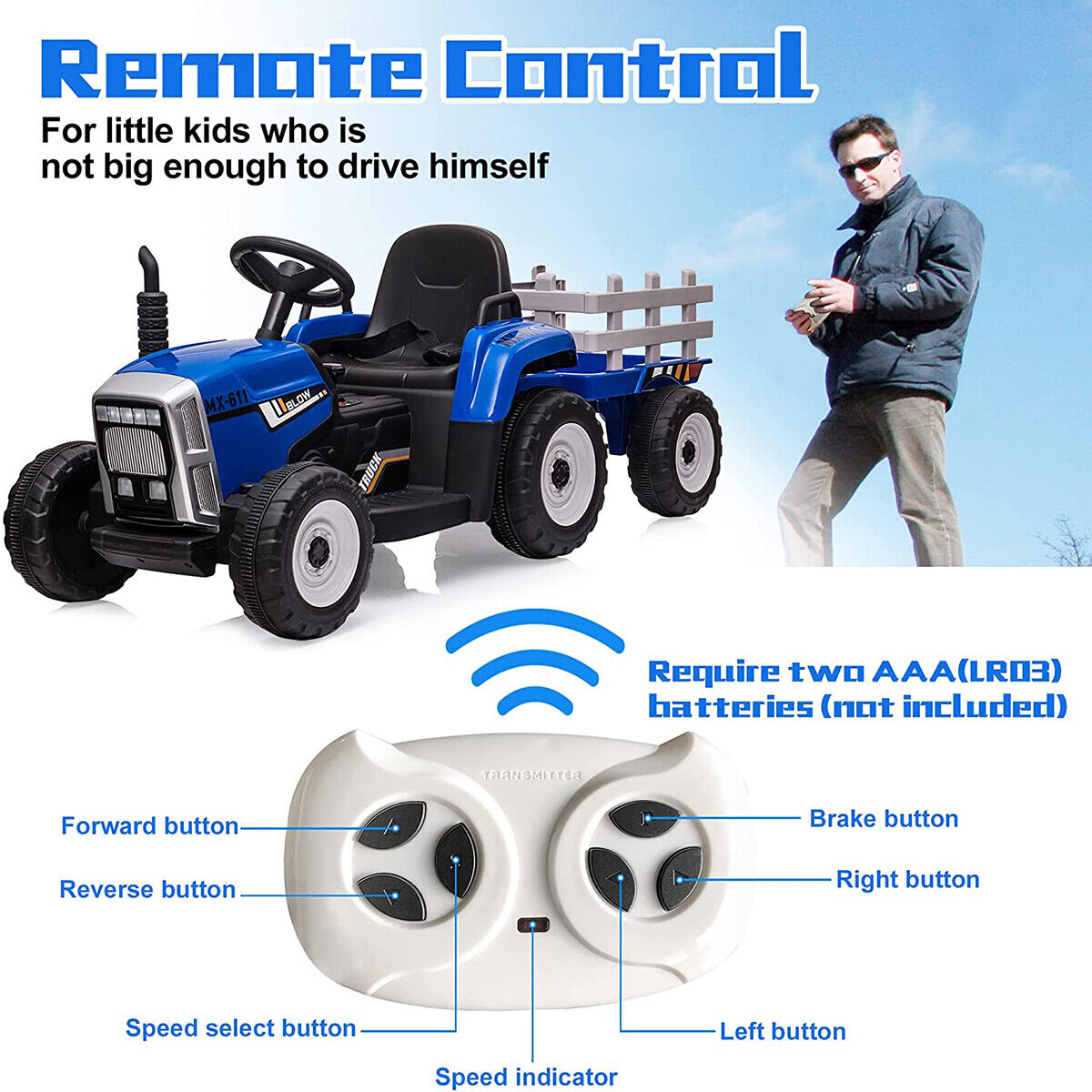 CLARFEY 12V Ride-On Tractor with Trailer and Remote Control for Kids - Music and Fun Included!