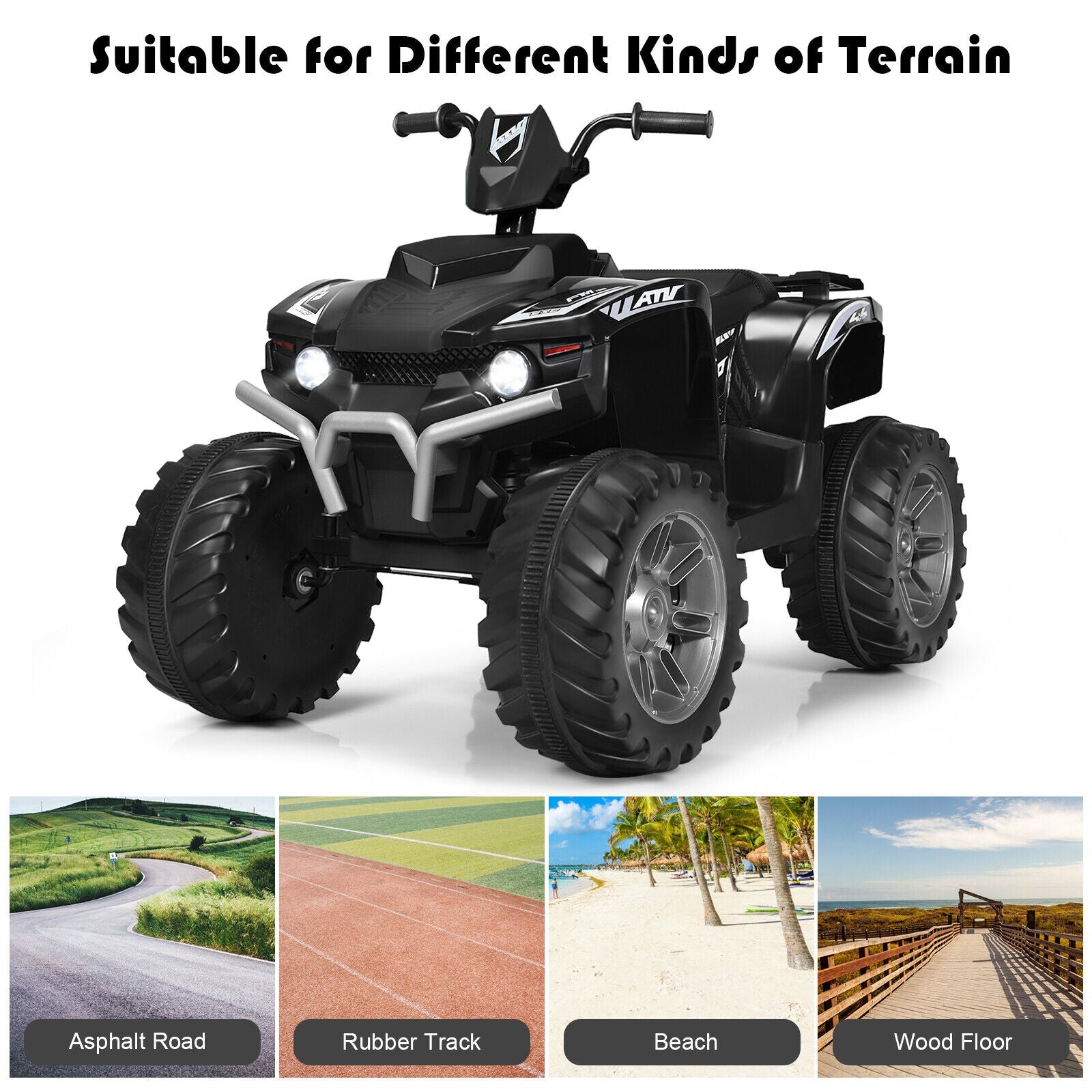 Costway 12V Kids ATV Quad Ride On Car with LED Light & Music - Black