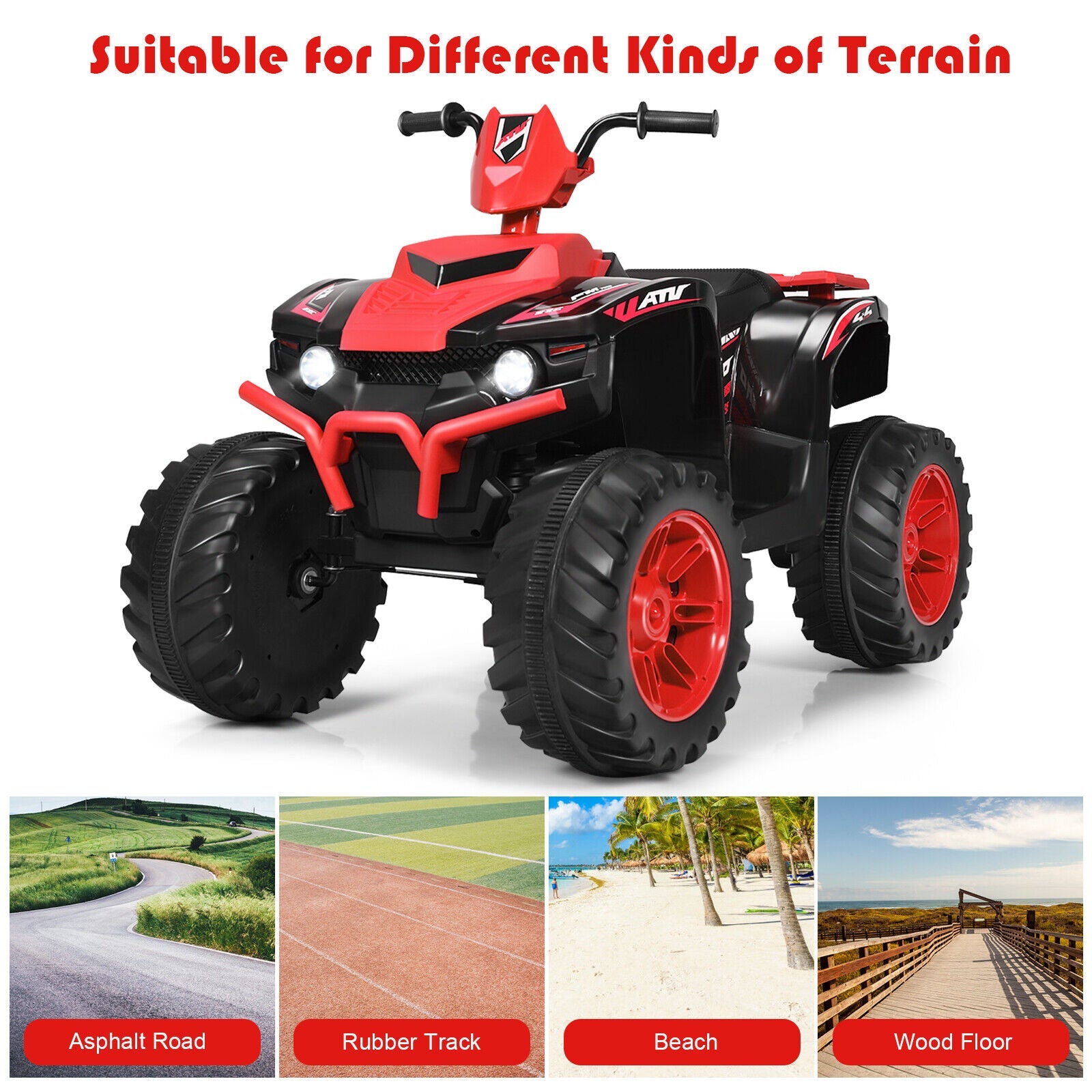 Costway 12V Kids ATV Quad Ride On Car with LED Light & Music in Red