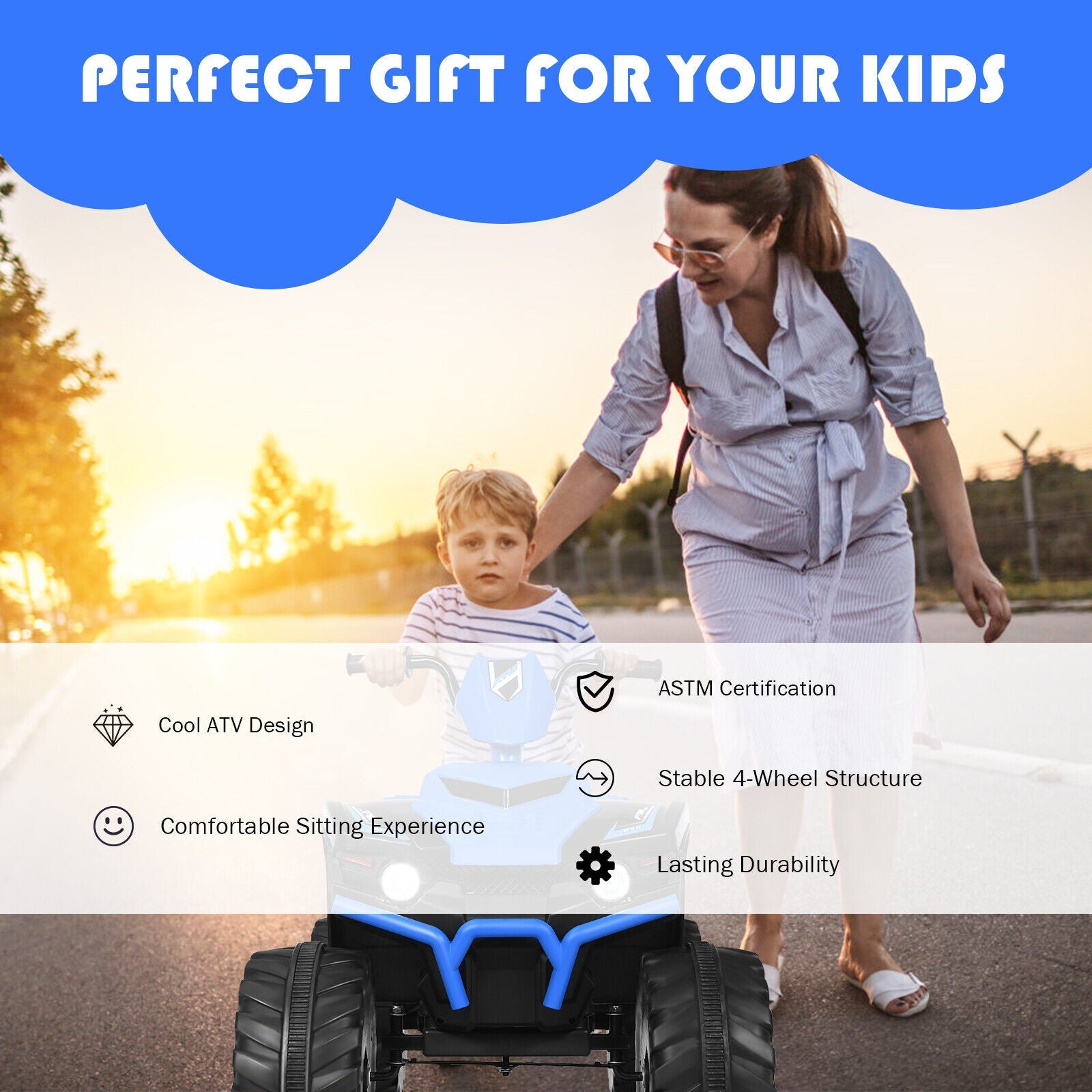 Costway 12V Kids ATV Quad Ride On Car with LED Light & Music - Navy