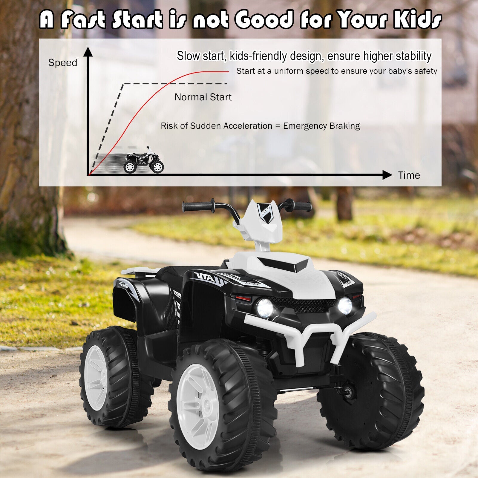 Costway 12V Kids ATV Quad Ride On Car with LED Light & Music - White