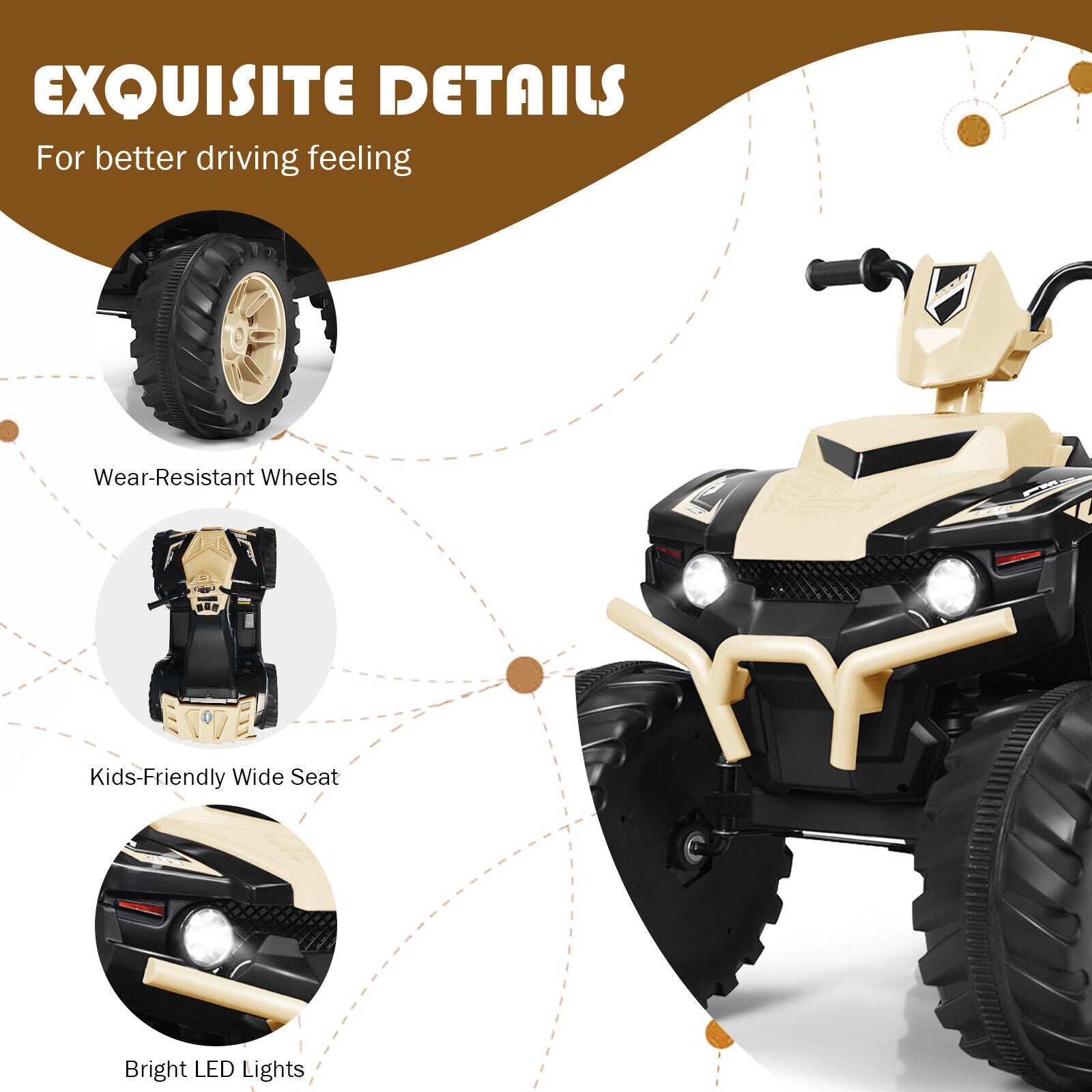 Costway 12V Kids ATV Quad Ride On Car with LED Light & Music - Yellow