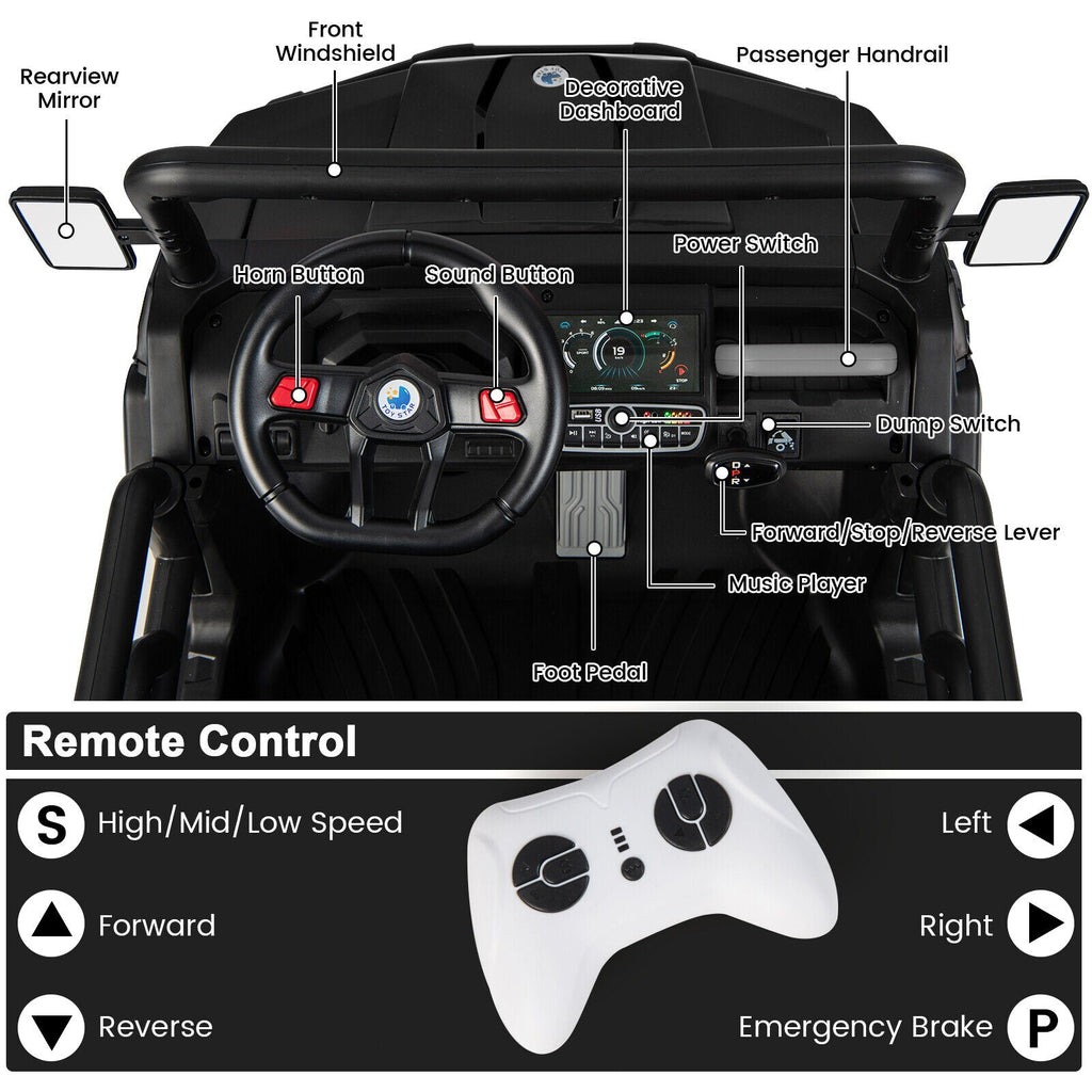Dump Truck Ride-On Toy with Safety Belt and Lockable Doors - 12V