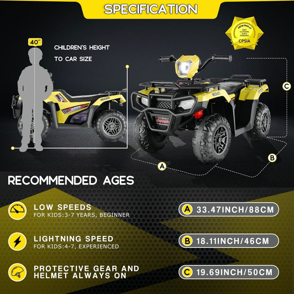 Electric 4-Wheeler Quad for Kids - 12V Battery Powered Ride-On Car in 6 Color Options
