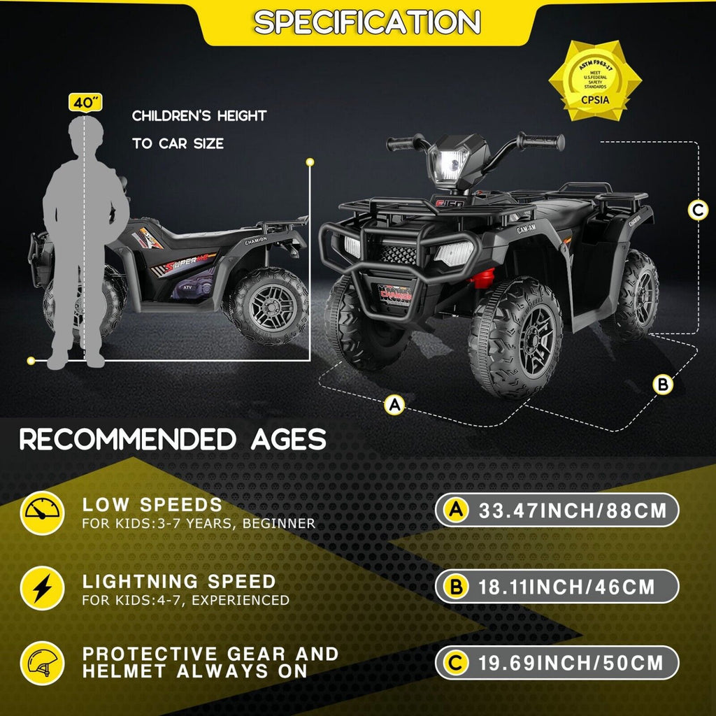 Electric 4-Wheeler Quad for Kids - 12V Battery Powered Ride-On Car in 6 Color Options