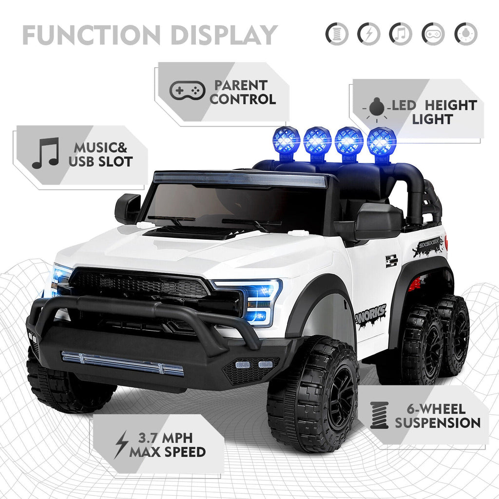 Electric 12V Kids Ride On Pickup Truck with MP3, LED Lights, and 6 Wheels in White and Pink