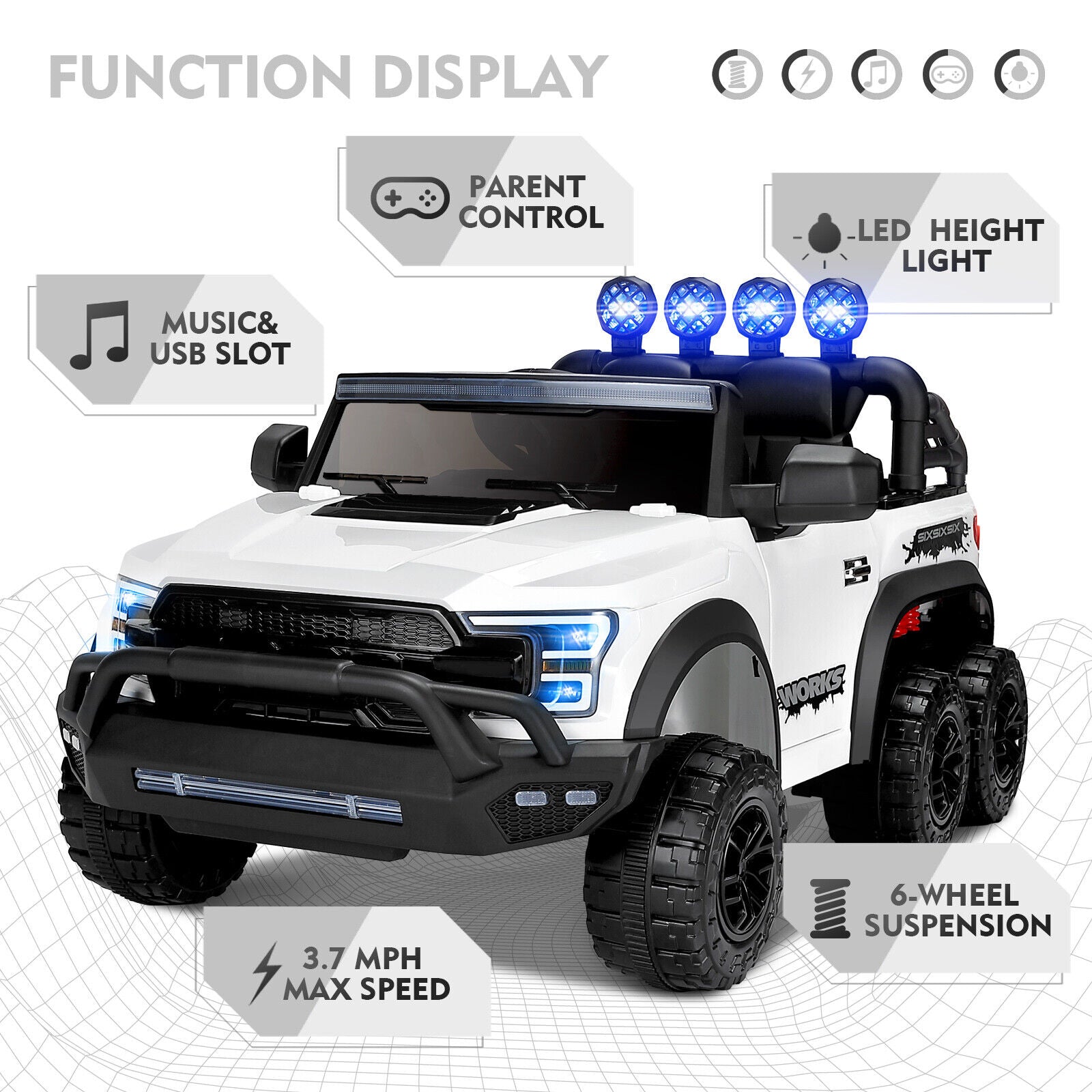 Electric 12V Kids Ride On Pickup Truck with MP3, LED Lights, and 6 Wheels in White and Pink