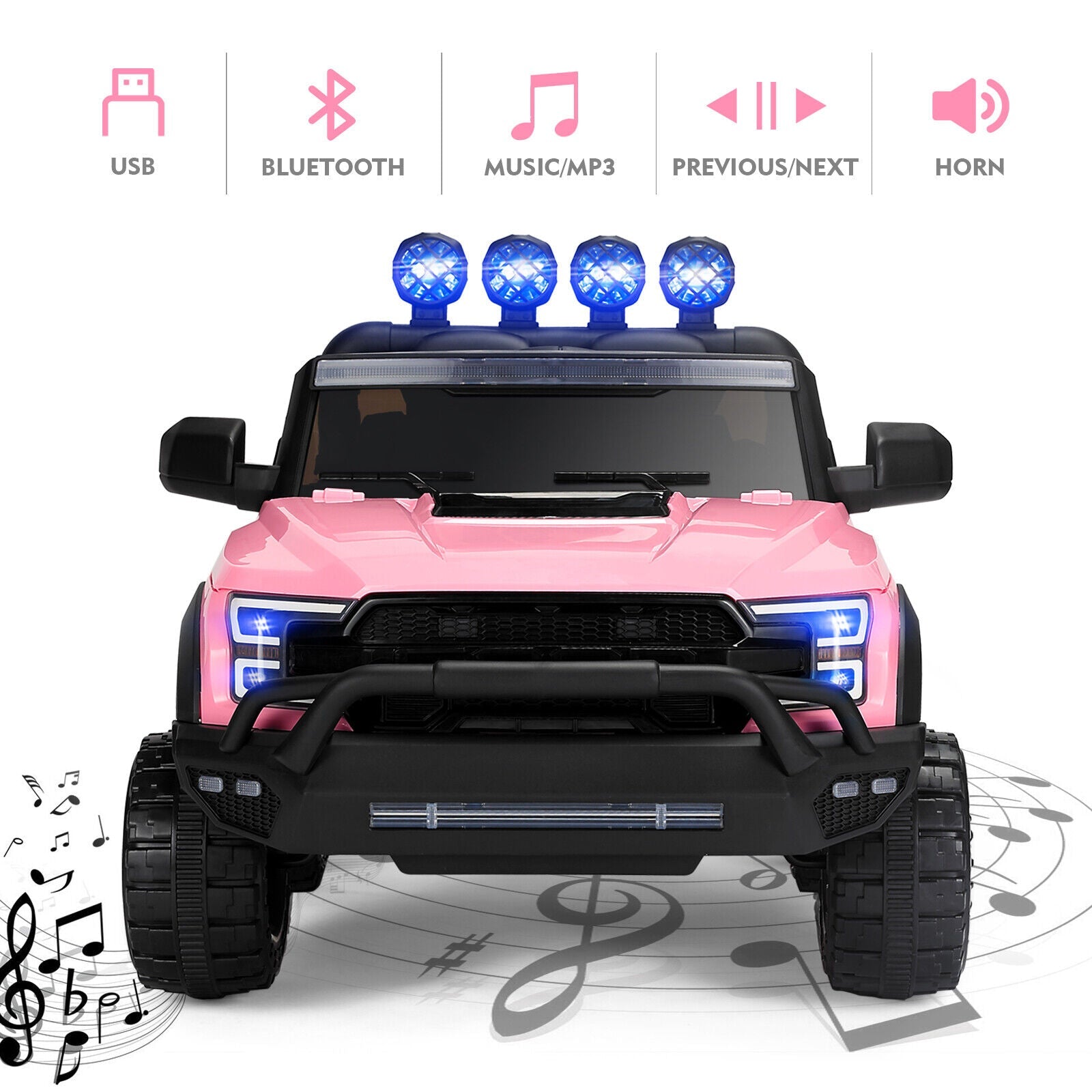 Electric 12V Kids Ride On Pickup Truck with MP3, LED Lights, and 6 Wheels in White and Pink