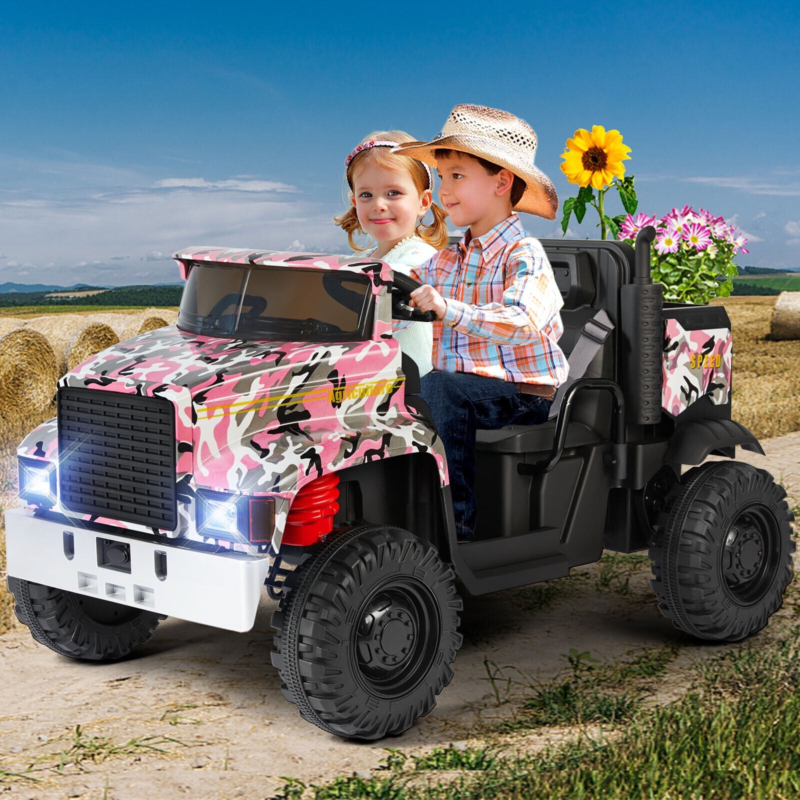 Electric 2-Seater Kids Ride On Truck Tractor with Trailer and Remote Control - 3 Speeds, Pink