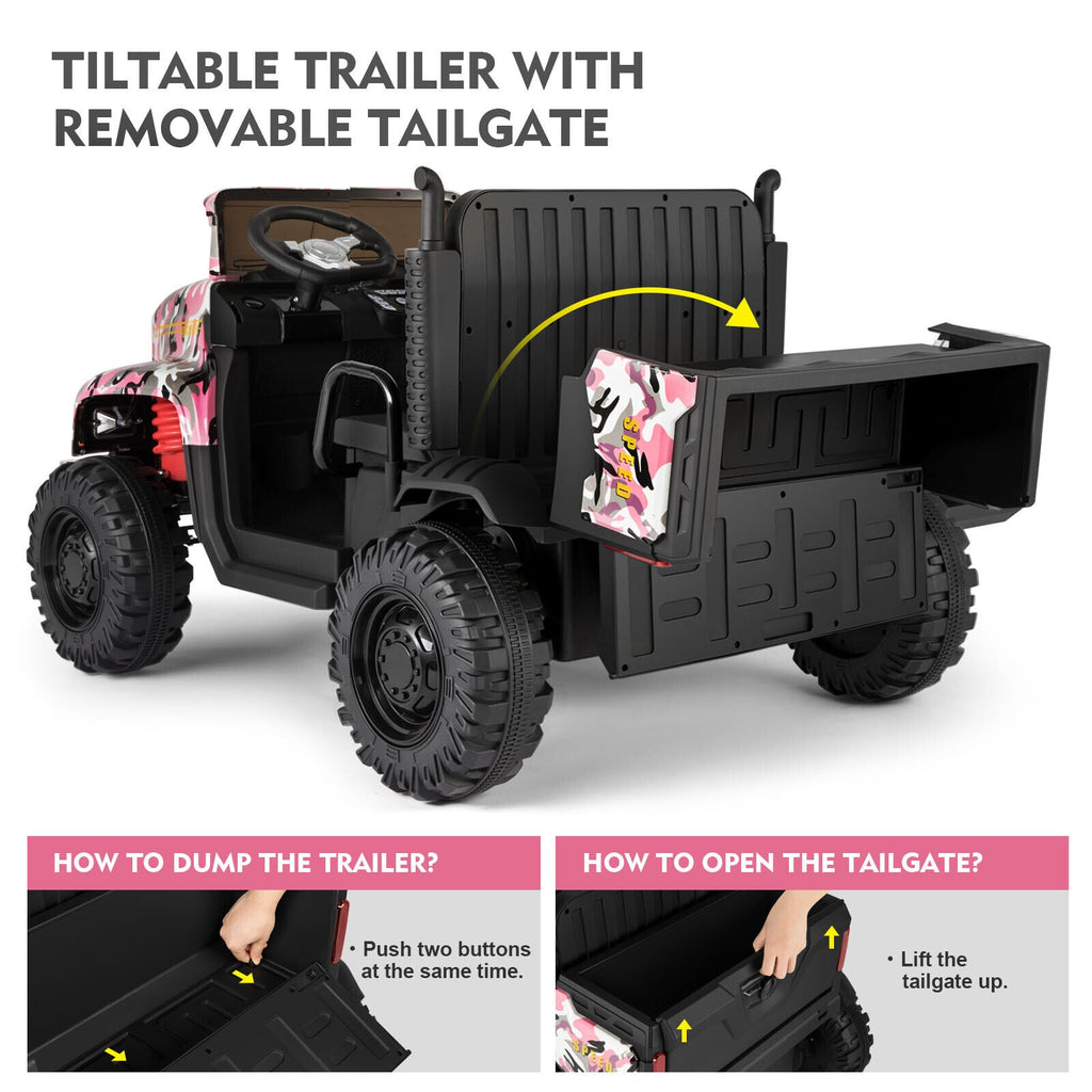 New Pink Camo 24V Battery Kids Ride On Truck with Trailer and Remote Control