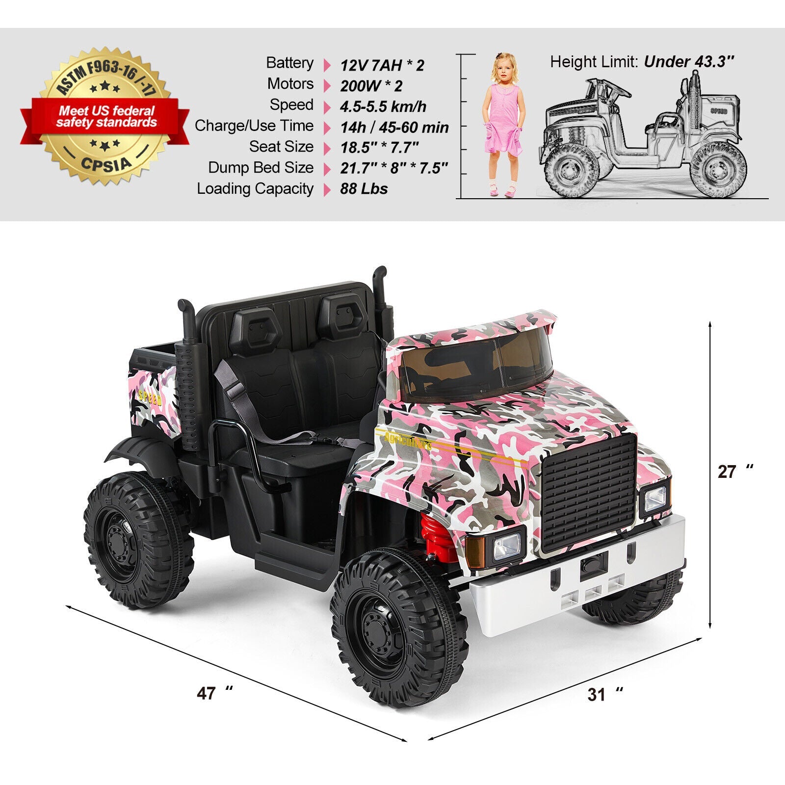 24V Battery-Powered Kids Ride On Truck with 3 Speeds and Remote Control - Camo Pink