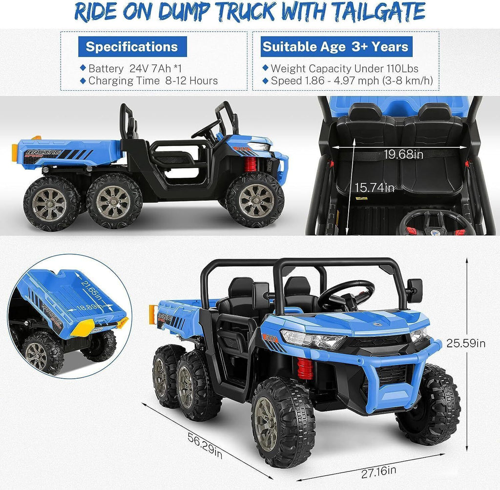 Electric 24V 4WD UTV Dump Truck Car for Kids with Dump Bed - 2 Seater Ride-On Toy